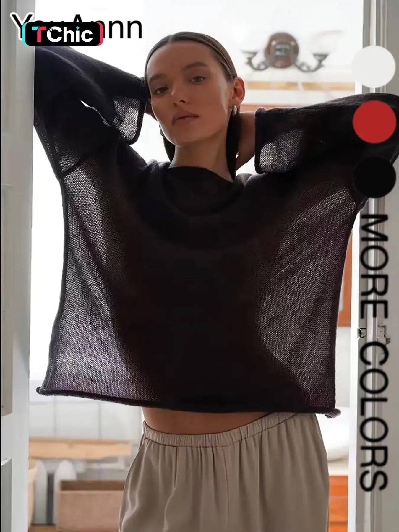 Women's Hollow Out Knit Sweater, Spring Summer New Arrival, Thin Round Neck Flare Sleeve Loose Long Sleeve Top, Comfortable Breathable, Knitwear, Flared, Knitted