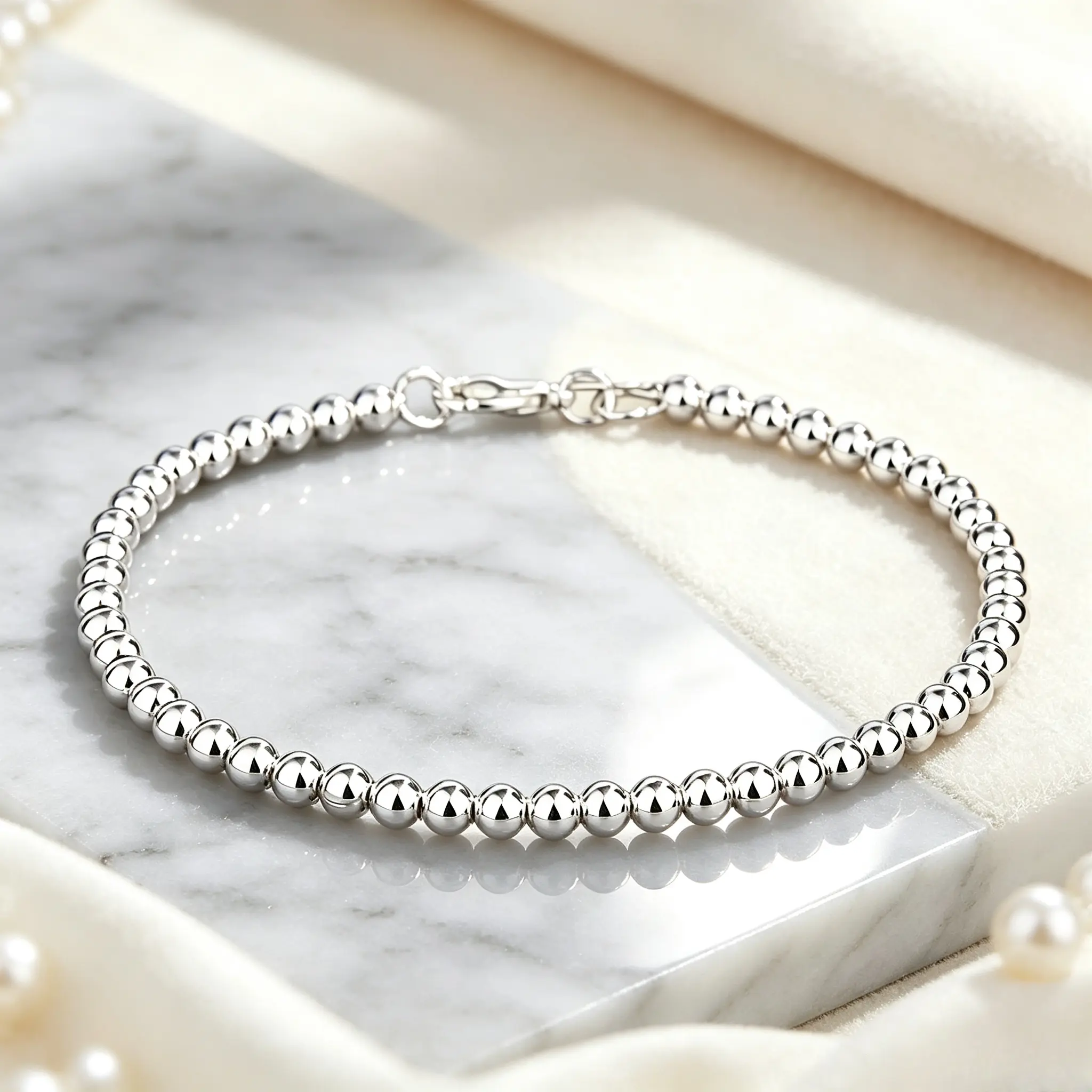 925 Sterling Silver Plated Beaded Bracelet for Women, 6mm Dainty Beads Adjustable Wrist Jewelry, Elegant Minimalist Bracelet for Wedding, Valentine’s Day Gifts