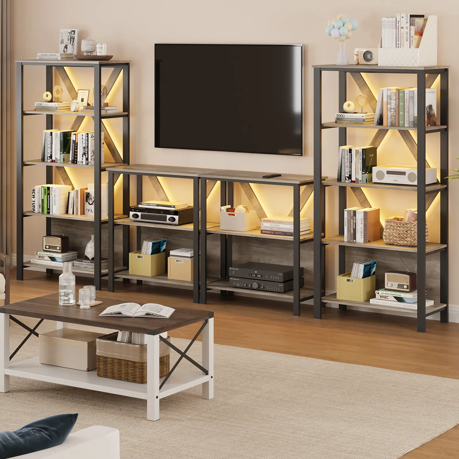 【GARVEE】Smart RGB LED Industrial Bookshelf, App Control Dimmable Color Changing Lights, Freestanding Open Storage Bookcase, 3/4/5 Layer Options, Grey & Vintage Brown, Perfect Back to School Decor for Dorm Home Office - summergarden