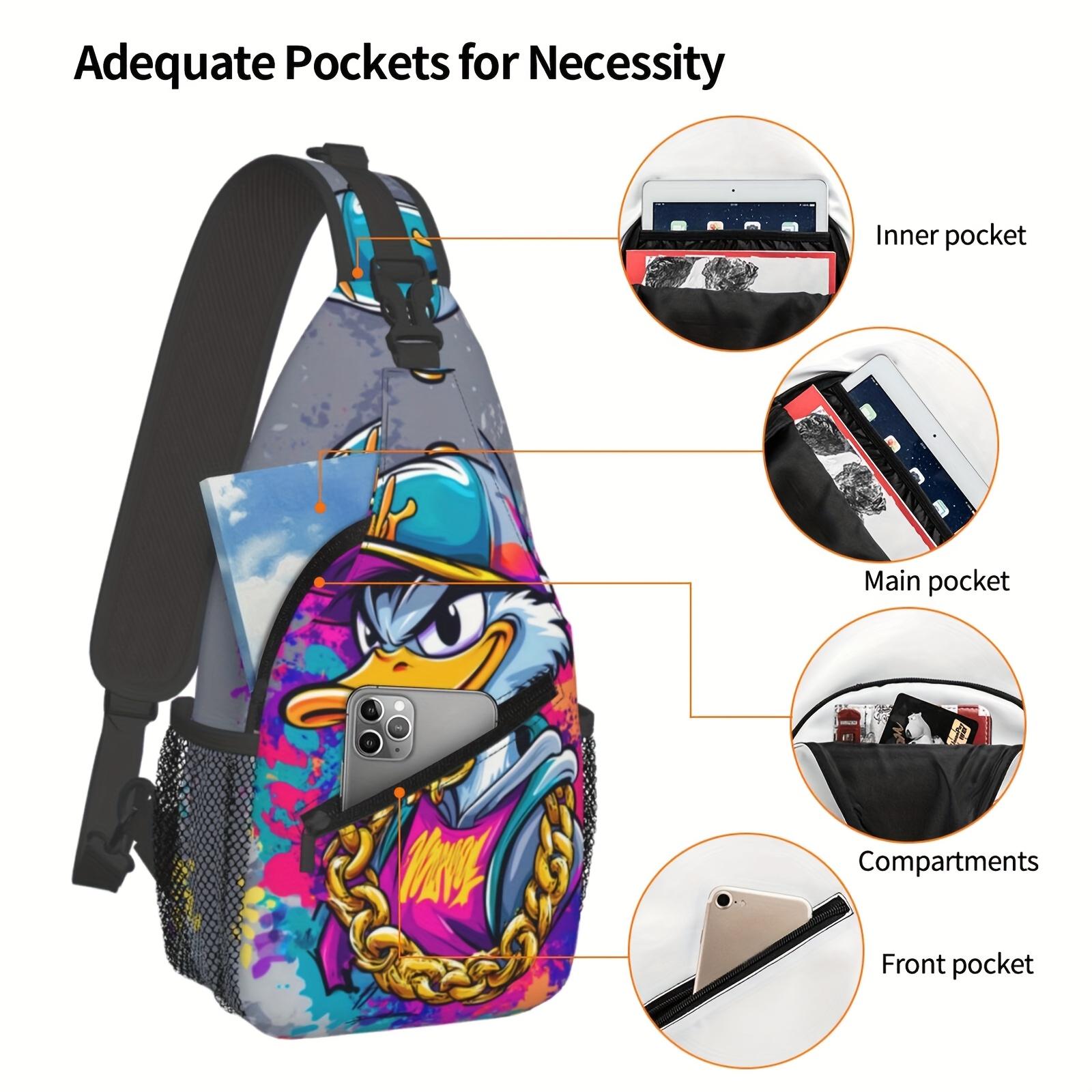 Large Hip-Hop Backpack with Bold Duck Chain - Heavy-Duty Machine-Washable Polyester Crossbody Bag, Adjustable Strap & Zipper Closure - Spacious Backpack for Travel, Hiking, Cycling, - Urban Streetwear Backpack for Men & Women (Blue/Purple/Pink/Black/Gray)