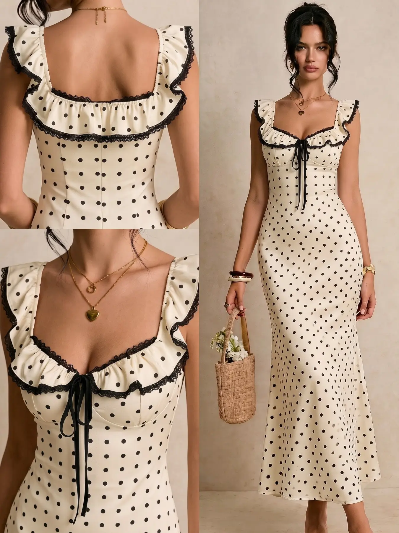 Polka Dot Lace Trim Ruffled Midi Dress, Chic, Women Square Neck Ruffle Shoulder Front Tie Slim Waist Bodycon Mermaid Hem Sundress Vintage Retro Dot Cottagecore Beach Vacation Party Summer Dress