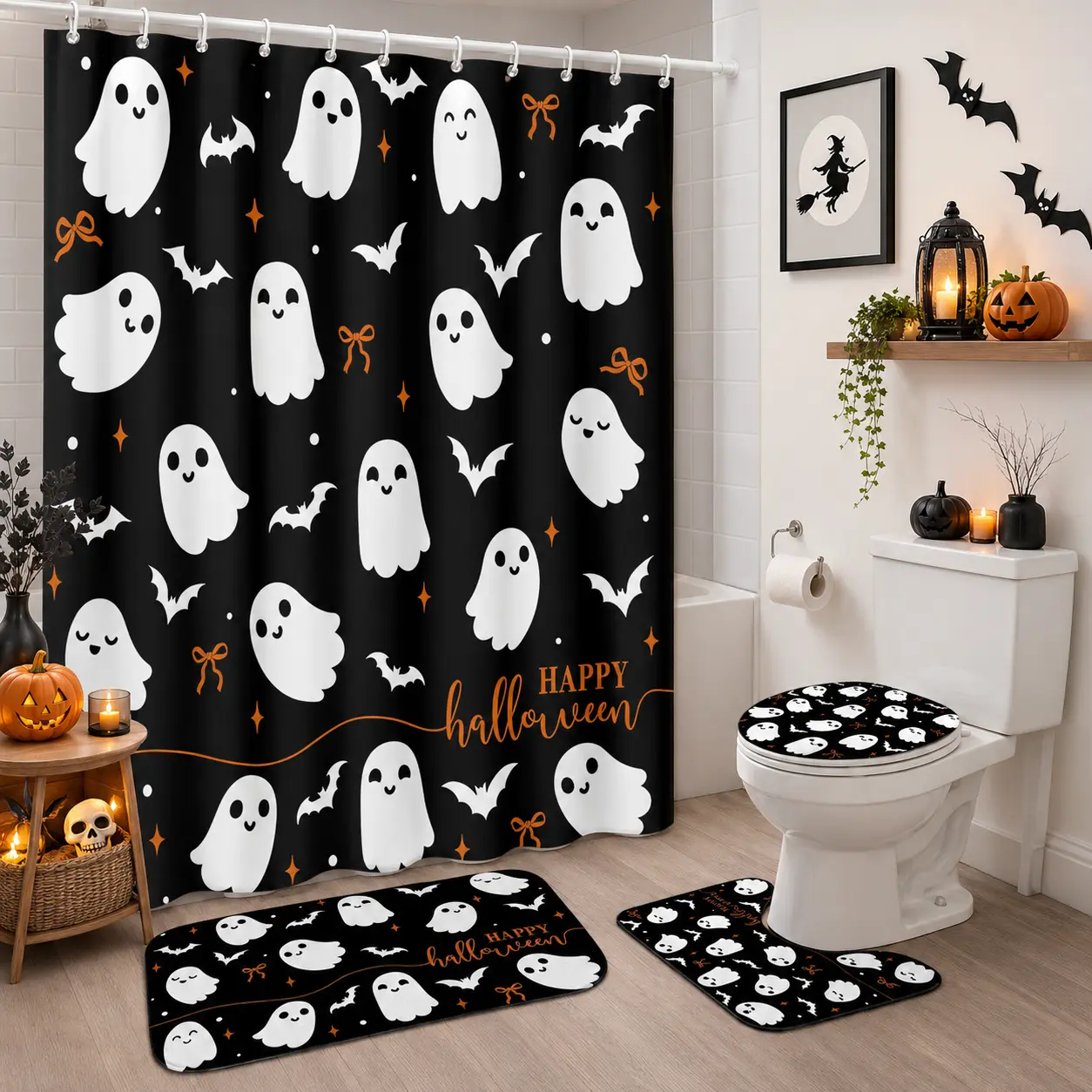 Spooky Cute Plastic Halloween Shower Curtain Set - Decorative Bathroom Set with Floor Mat, Toilet Lid Cover, Easy Installation, Ideal Halloween Gift