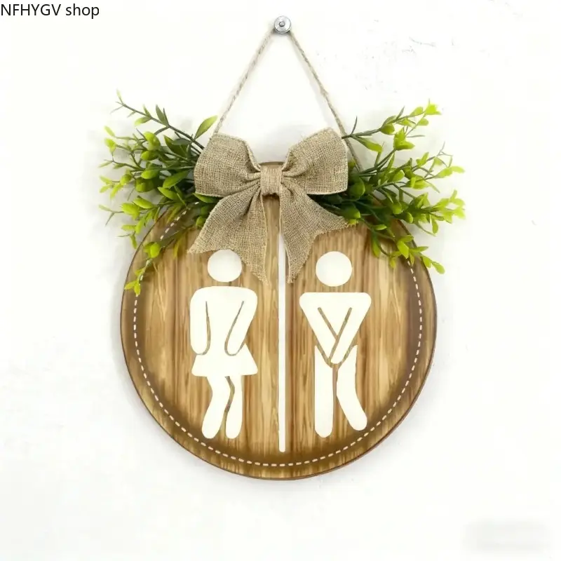 Rustic Bathroom Door Hanging Signs Round Decorative Toilet Plaques, Vintage Home Ornaments With Elegant Leaf Pattern Design, Farmhouse Style Indoor Accessories For Family Restroom And Guest Bathroom Decoration
