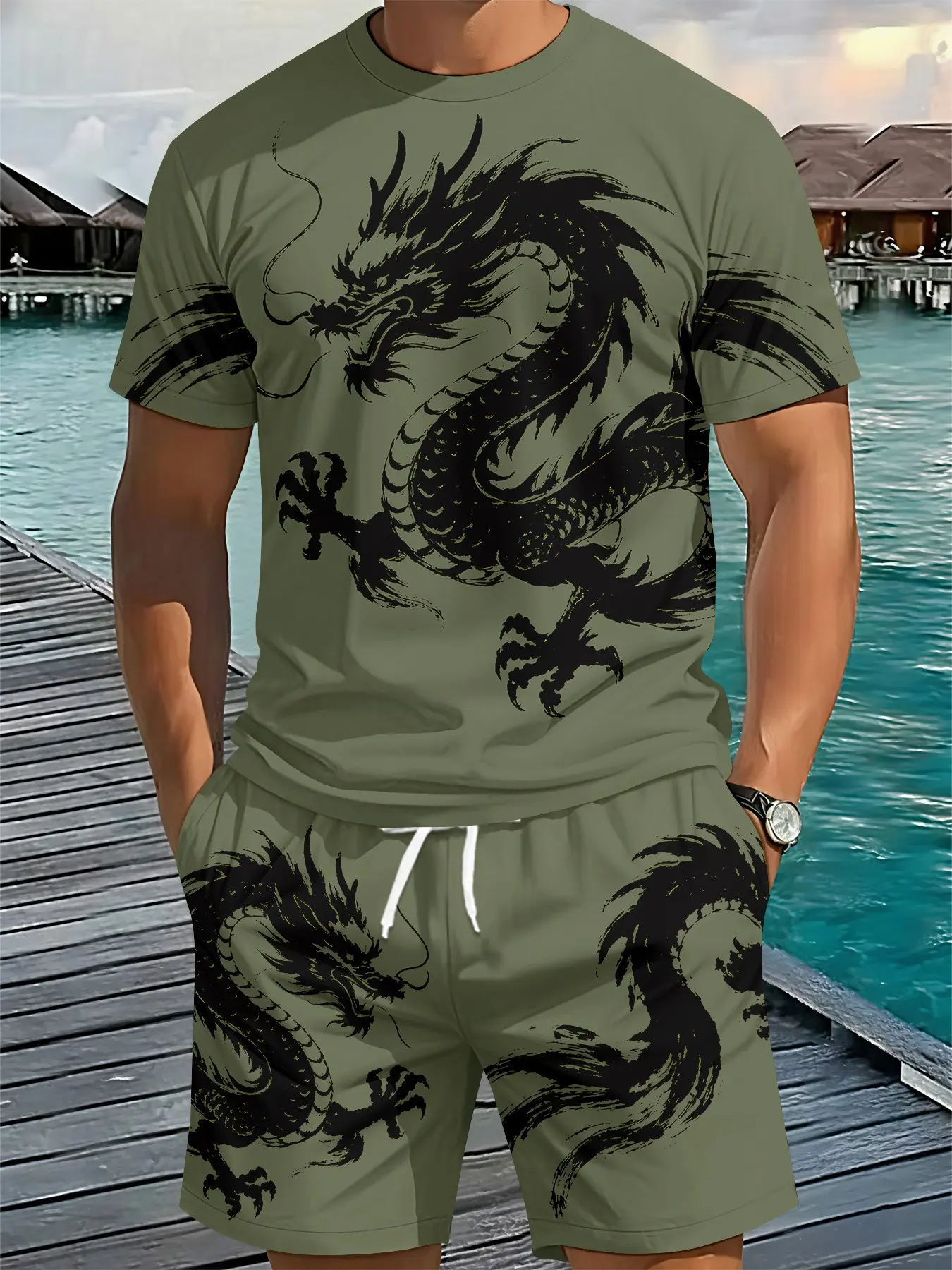 Two-piece set with all-over 3D digital print of ink-wash azure dragon in military green Chinese style, 2Pcs, trendy fashion suit, trendy retro casual two-piece set, vacation-style trendy outfit, breathable sports casual style, an ideal holiday gift for me