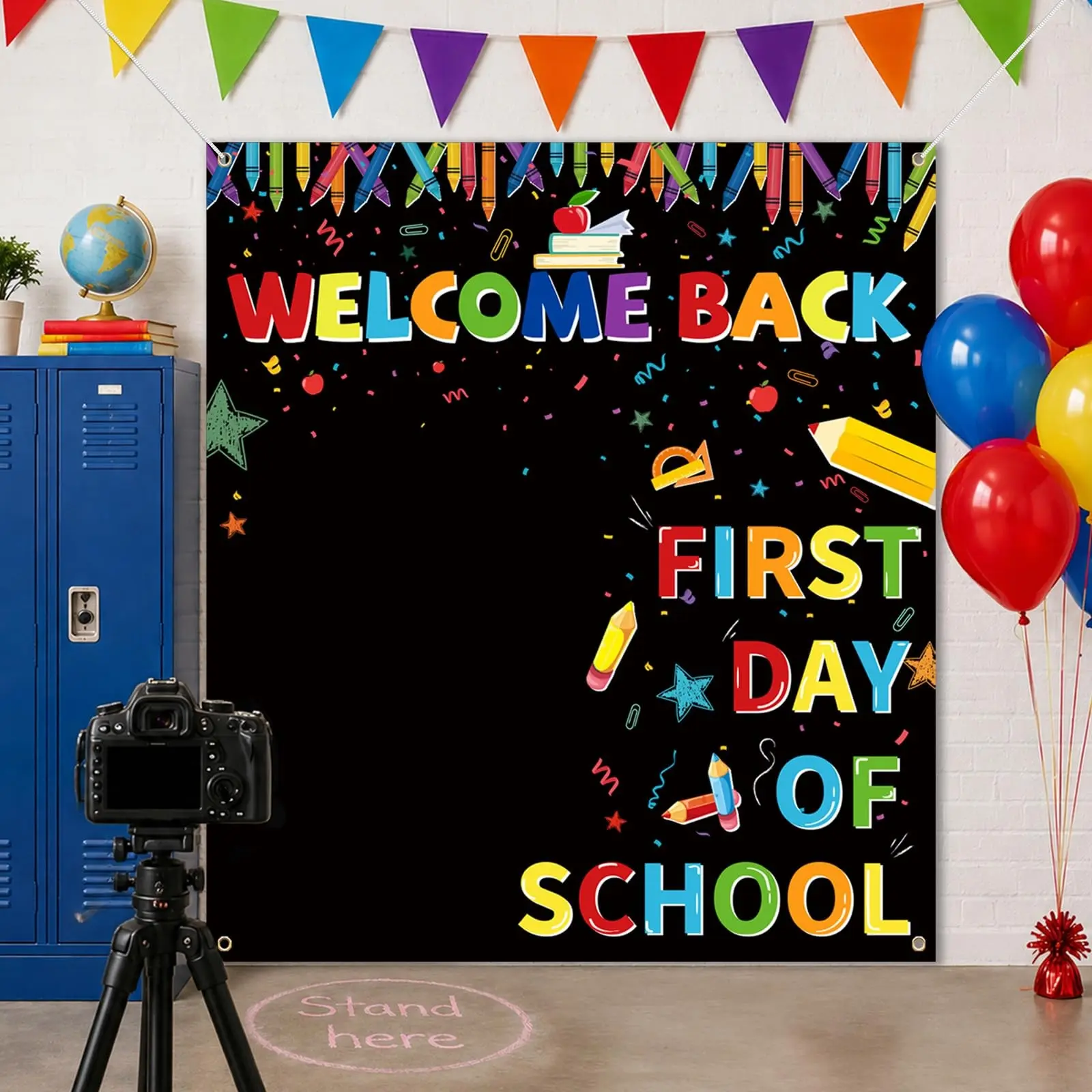 “Welcome Back to School” Backdrop Banner, 63 x 70.8 inches, perfect for decorating classrooms on the first day of school, kindergarten party supplies, and photo backdrops