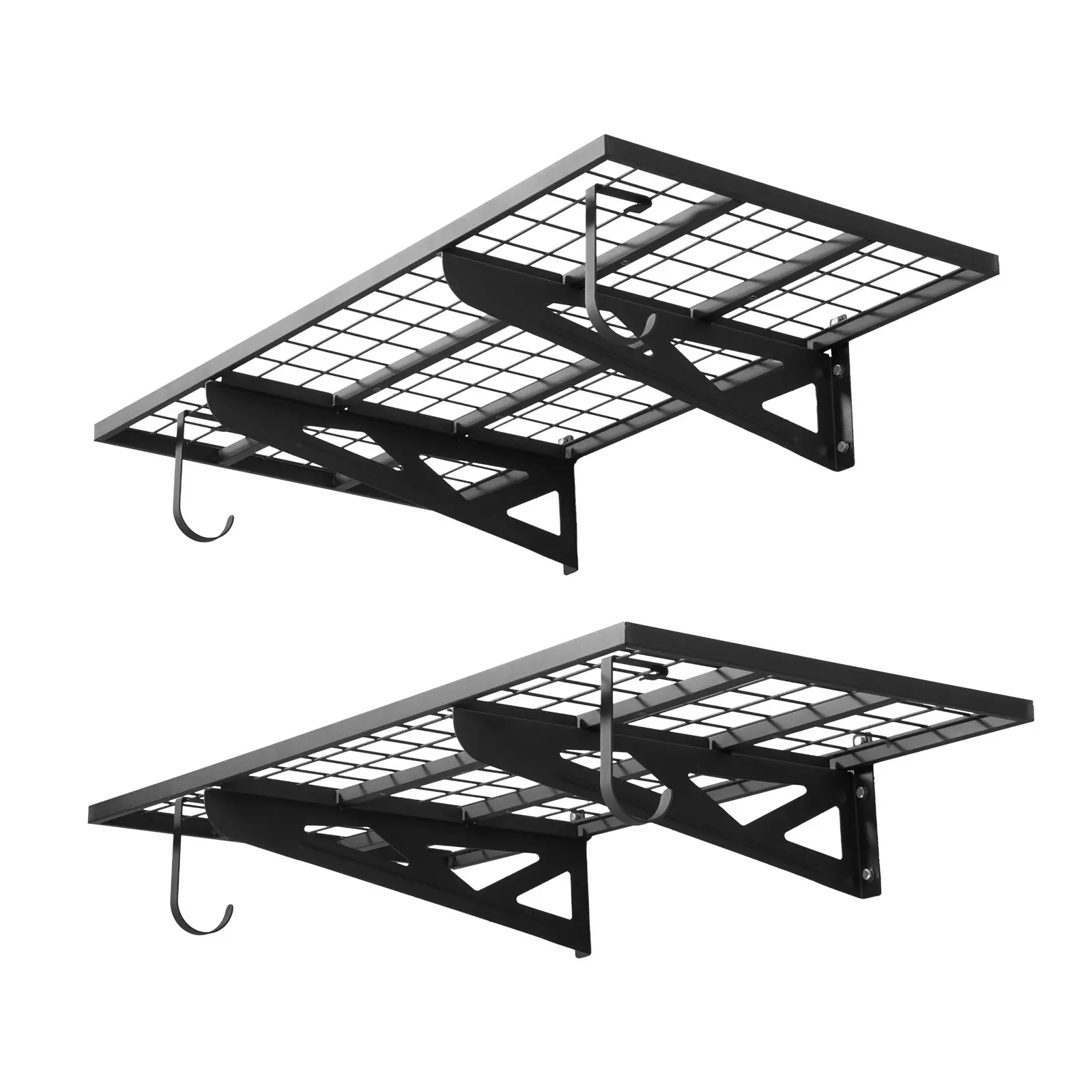 VEVOR 2-Tier Heavy Duty Wall Garage Shelving Kit, 2x4 ft Steel Hanging Wall-Mounted Rack with Hooks, 24x48 in Per Shelf Floating Storage Frames, 500 lbs Total Capacity, Easy Installation, Black