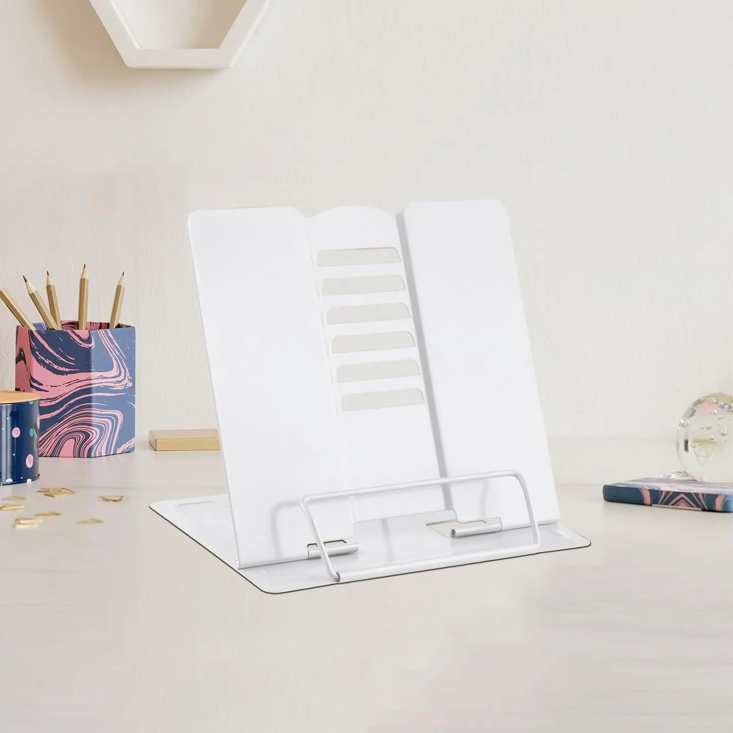 Small Desk Book Stand Metal Reading Rest Book Holder Adjustable Cookbook Documents Holder Portable Sturdy Bookstands for Recipes Textbooks Tablet  Books(White)