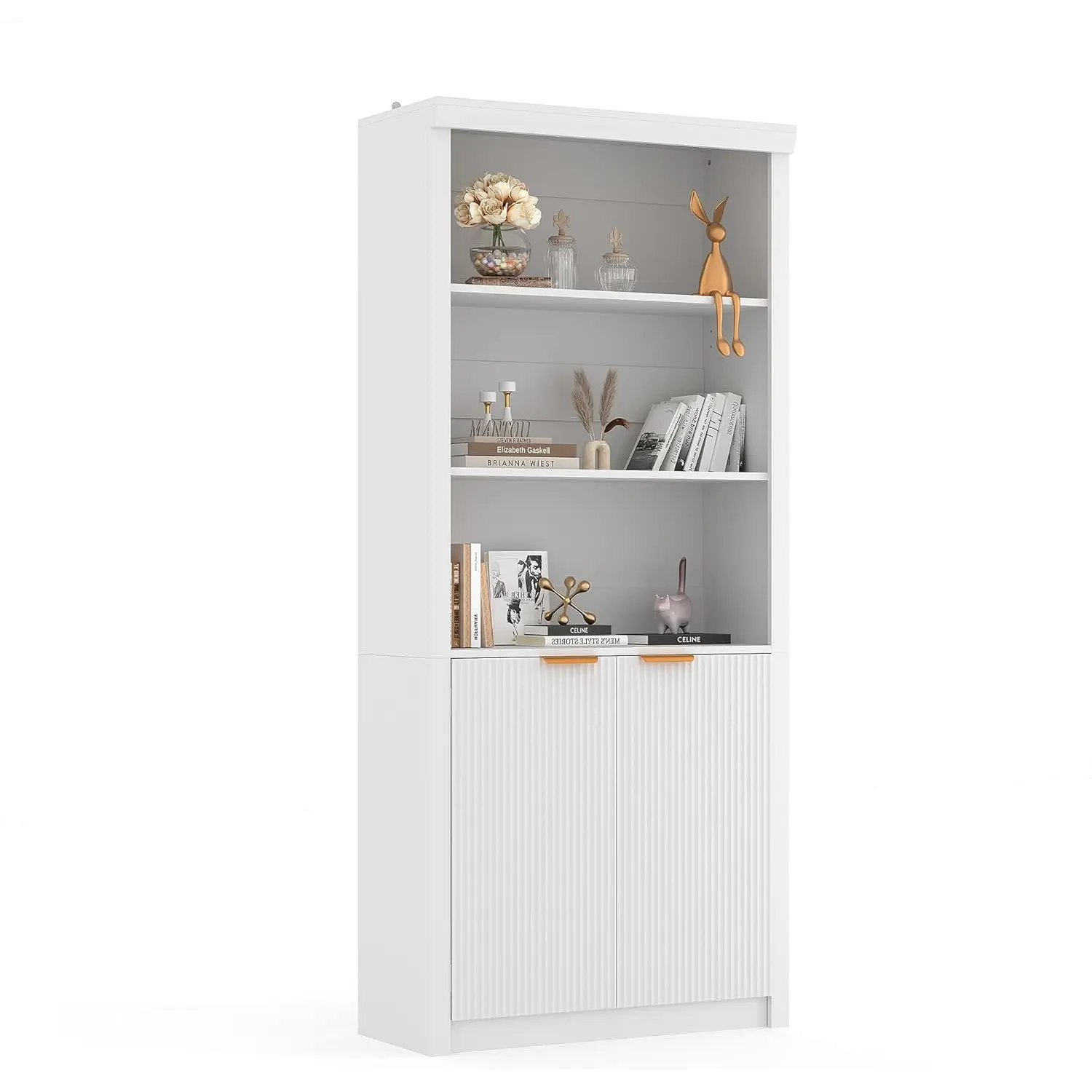 3 Tier Bookcase,Farmhouse Book Shelf with Drawer and Doors,70.9"Wooden Storage Cabinet,3 Tier Display Shelves for Home Office, Living Room