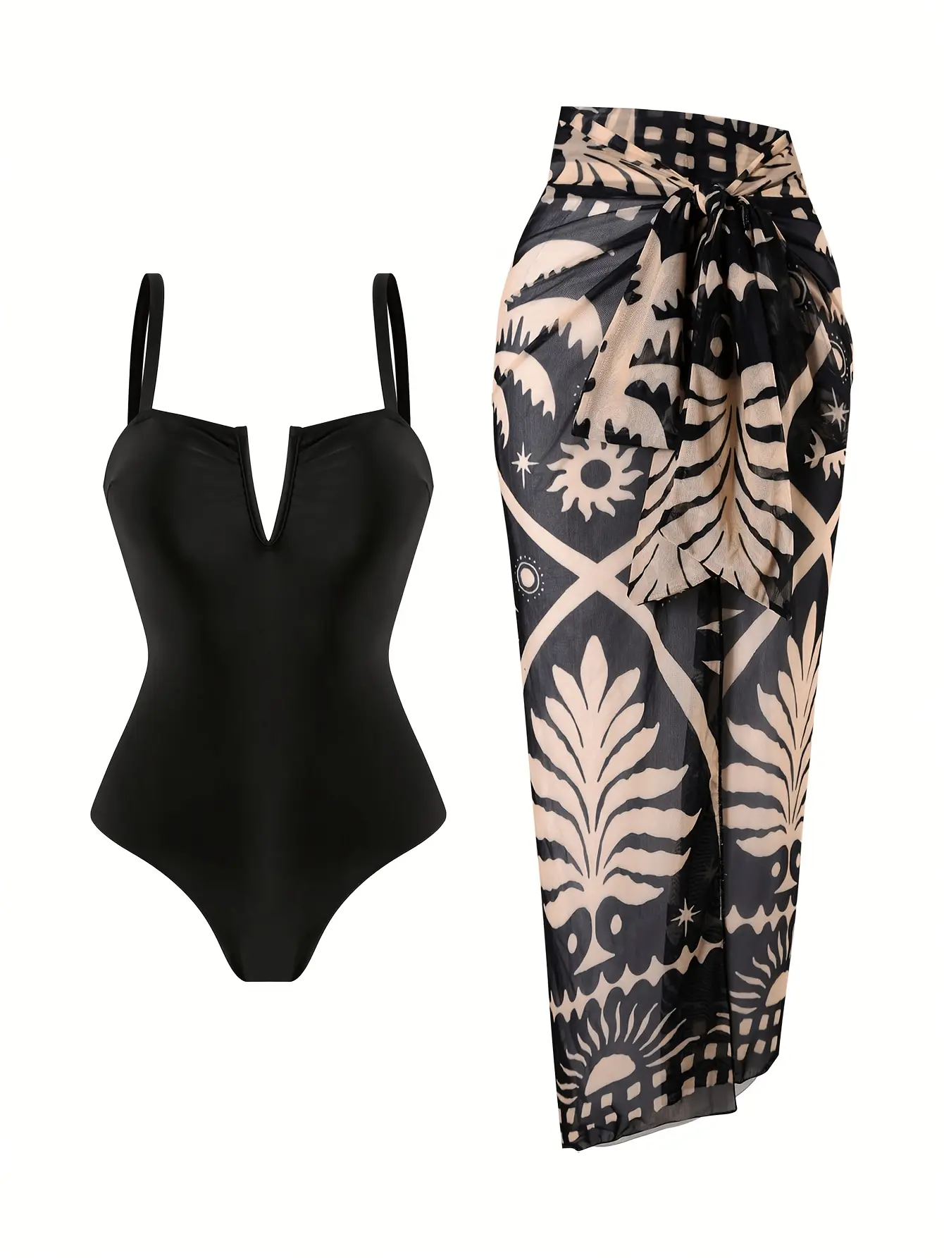 Women's 2-Piece Beach Swimsuit Coverup Set - V-Notch Spaghetti Strap Black Monokini, Tropical Floral Wrap Sarong Skirt, Tummy Control Cover Up Beachwear for Beach, Cruise | Tropical Clothing