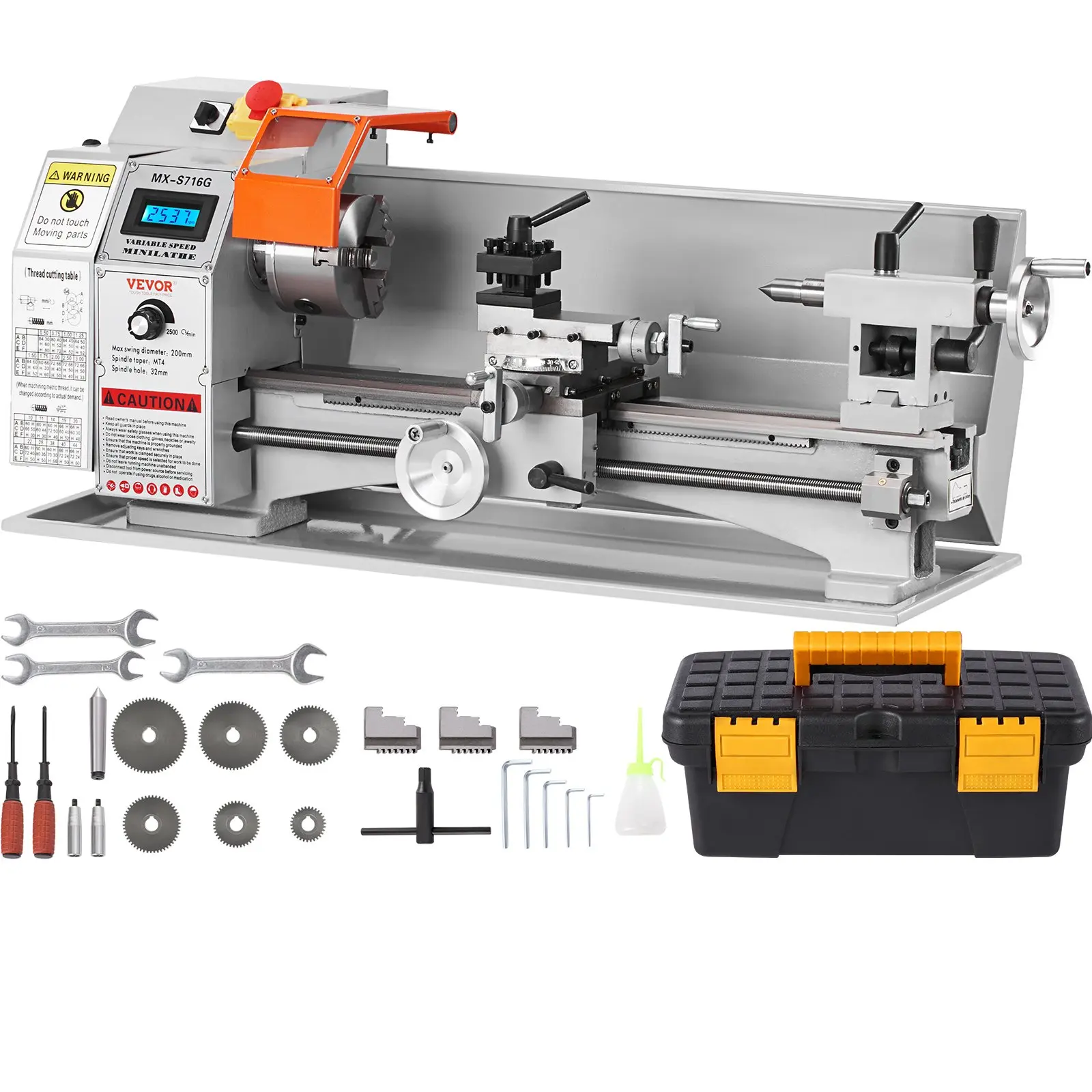 【DealsForYouDays】VEVOR Compact Metal Lathe, 7''x 16'', 800W, Precision Desktop Metalworking Lathe, Variable Speed 150-2500 RPM, Includes 3.9'' 3-jaw Chuck Tool Box for Detailed Part Crafting