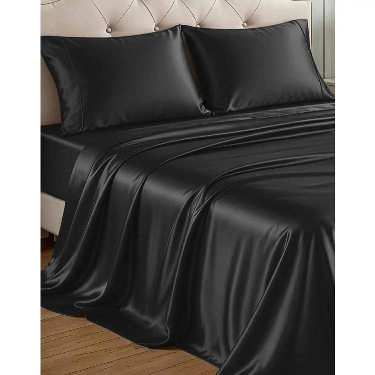 Queen Sheets - Lightweight & Cooling Bed Sheets Queen, with a 15 Inch Deep Fitted Sheet, Frizz Reducing, Machine Washable, Retains After Wash - Black