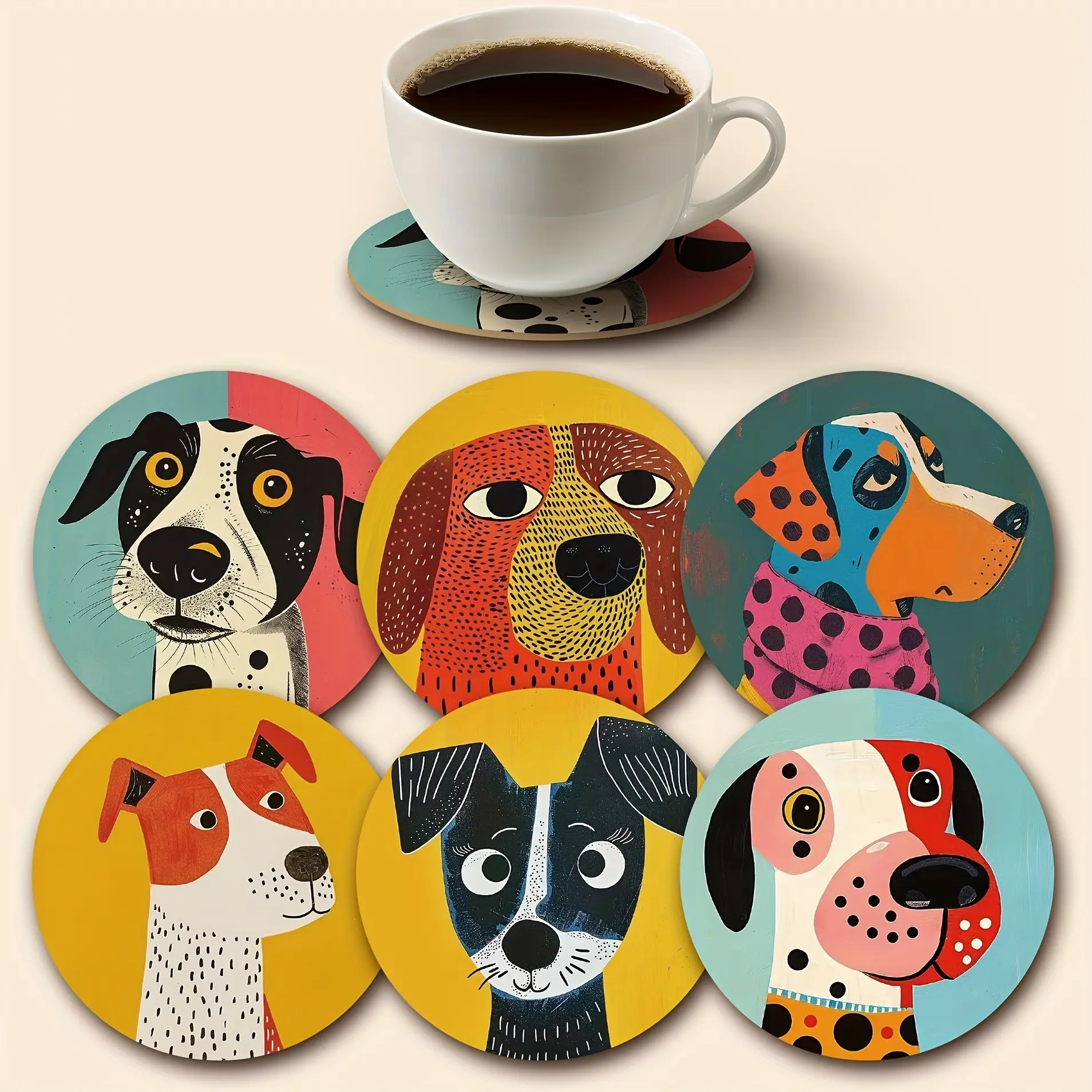 6pcs Dog Pattern Round Wooden Coasters, Coffee Cup Mats, Tea Cup Mats, Insulated Drink Placemats, Perfect for Home Parties, Graduation Gifts