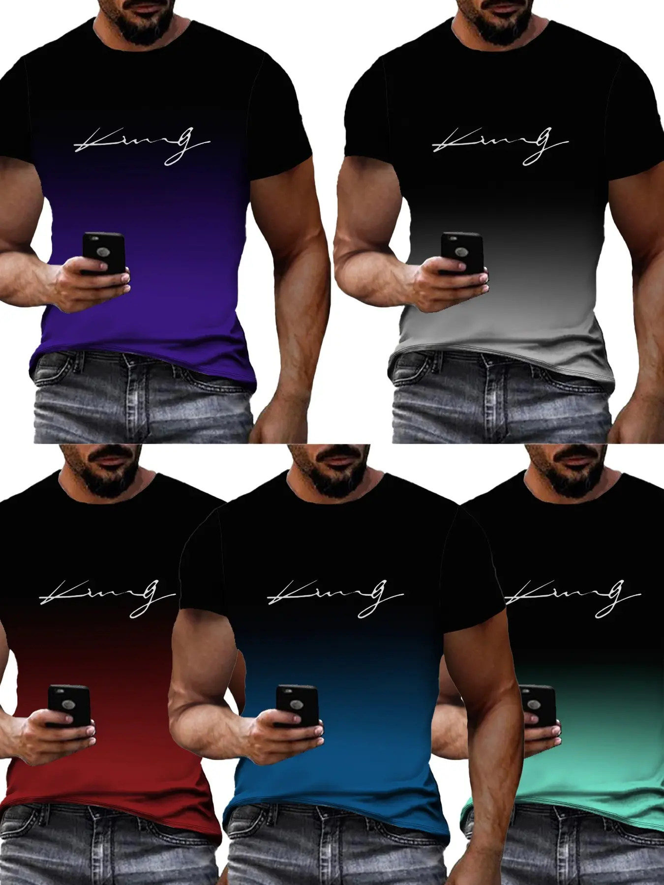5pcs Gradient Color Men's Short Sleeve Graphic T-Shirts, Fashion Casual Top, Multiple Colors Available, Stylish and Comfortable