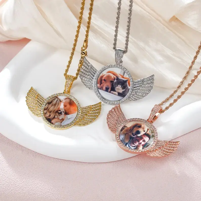 Personalized Memorial Necklace, Custom Necklace Wing Photo Pendant, Hip Hop Picture Necklace, Gold Necklace, Handmade Jewelry Memorial Gift