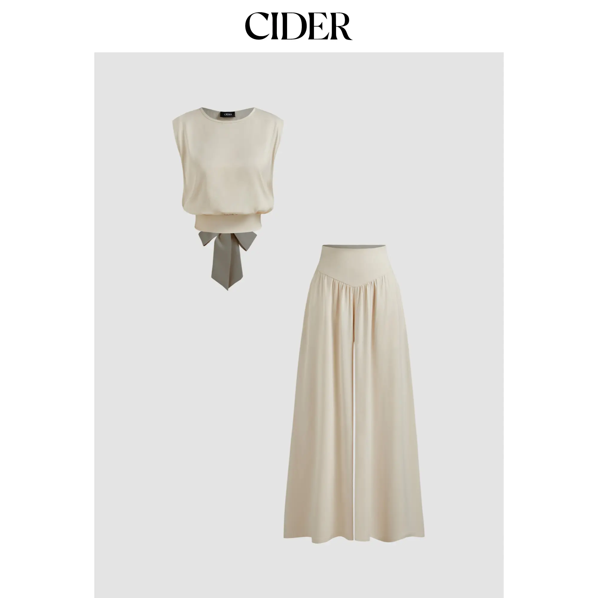 Cider [size 2-10] Satin Round Neckline Solid Knotted Top & Mid Rise Pocket Wide Leg Trousers Set