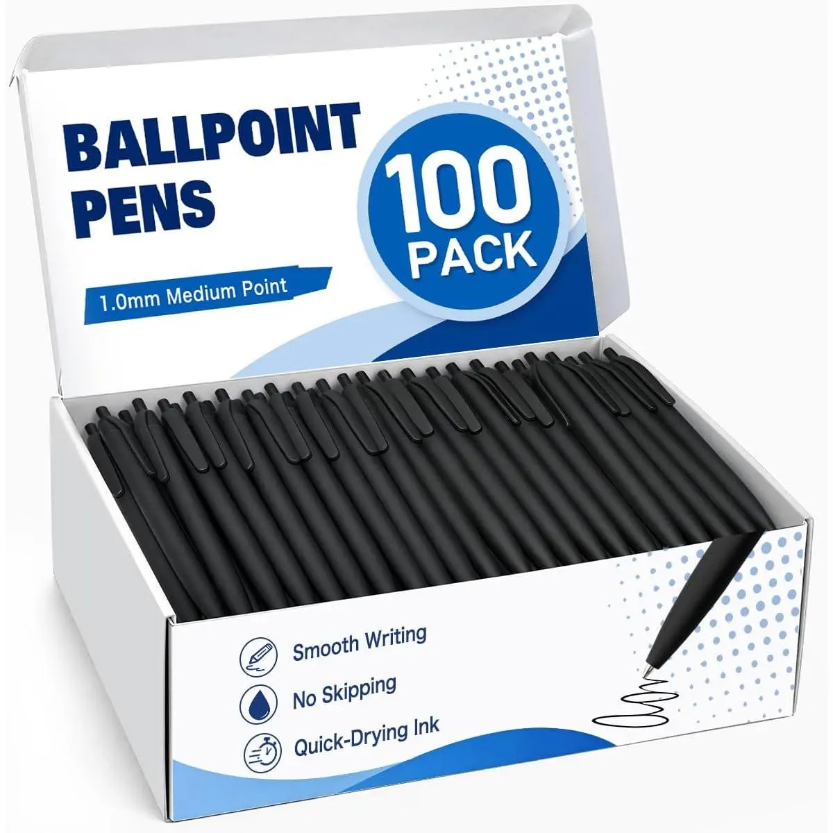 100 Count Black Retractable Ballpoint Pens, 1.0mm Medium Point | Smooth Quick-Drying Black Ink, Retractable Design with Clip, Matte Black Barrel, Offices, Schools and Everyday Use