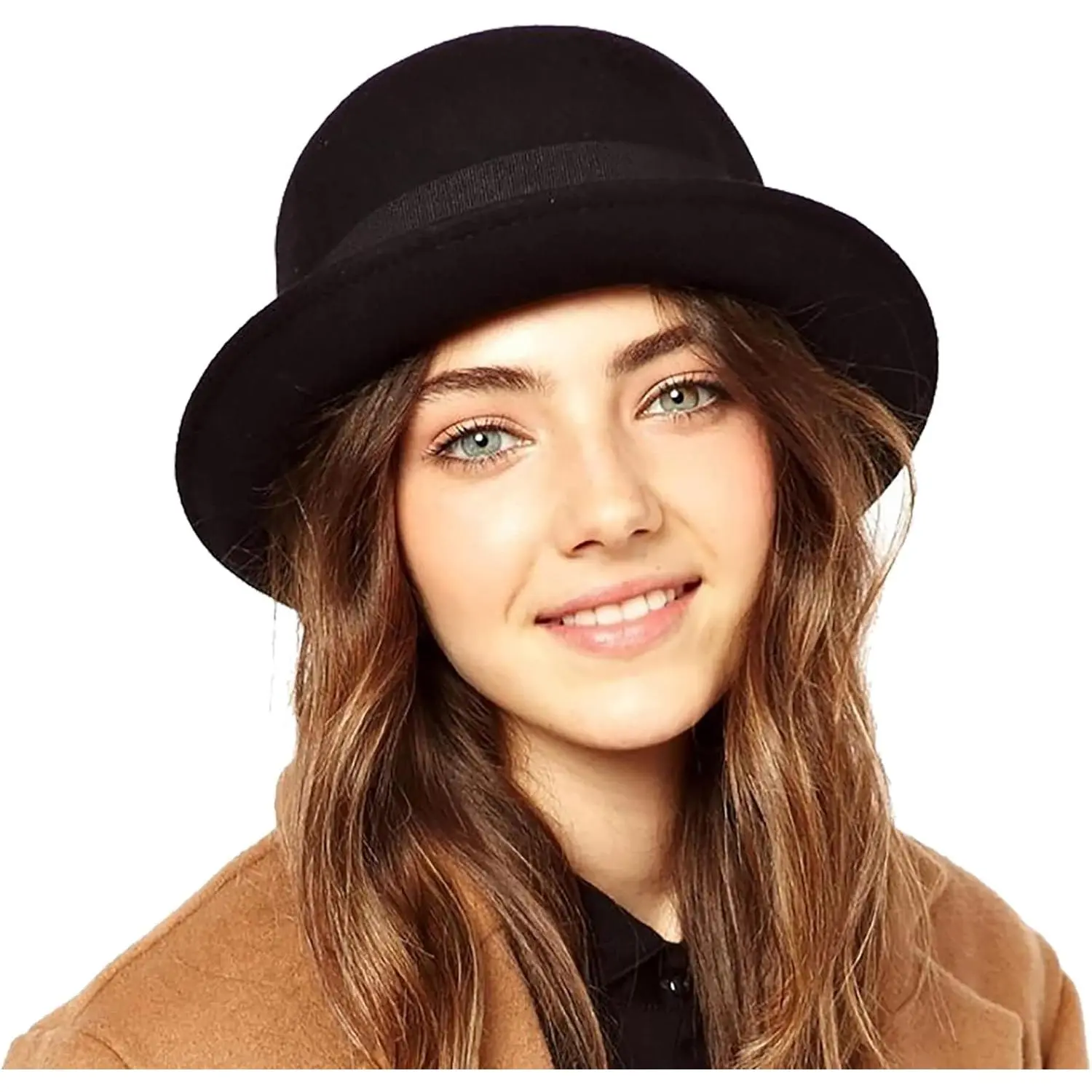 Wool Derby Hat Round Cloche Hat for Men and Women Black Bowler Hat Upturn Brim Church Hat (S/M)