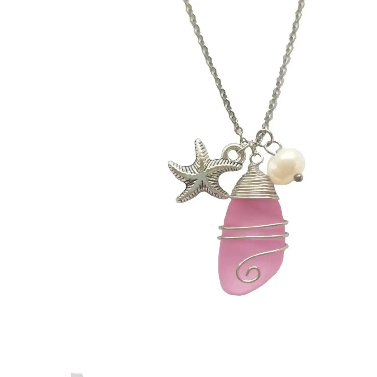 Sea Glass Necklace for Women Men Wire Wrapped Beach Necklaces with Starfish Imitation   Summer Beach Holiday Sea Glass