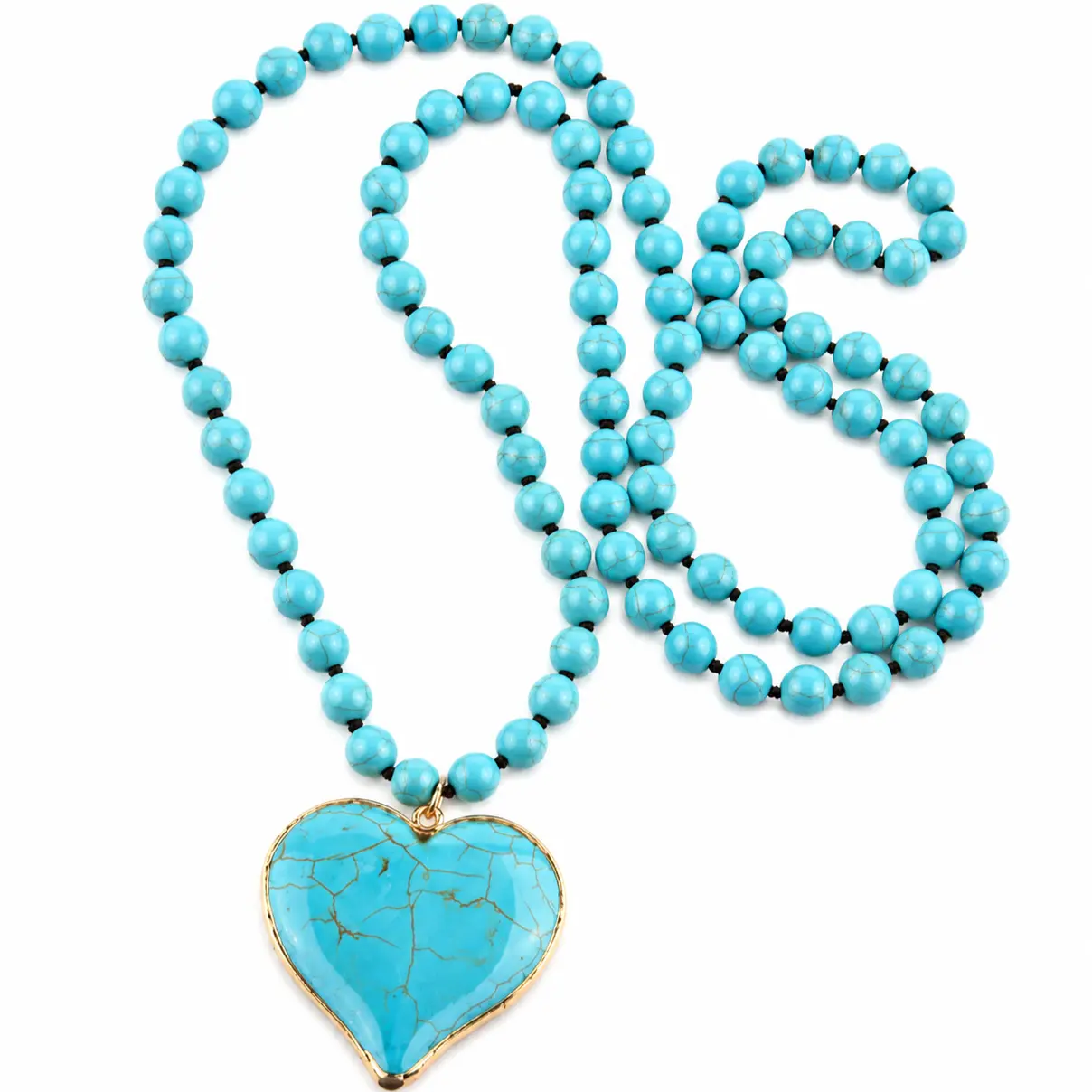 Women's Bohemian Natural Crackled Turquoise Beading Necklace - 86-88cm Unique Stones, Heart Pendant, Daily Wear Costume Jewelry Statement Piece