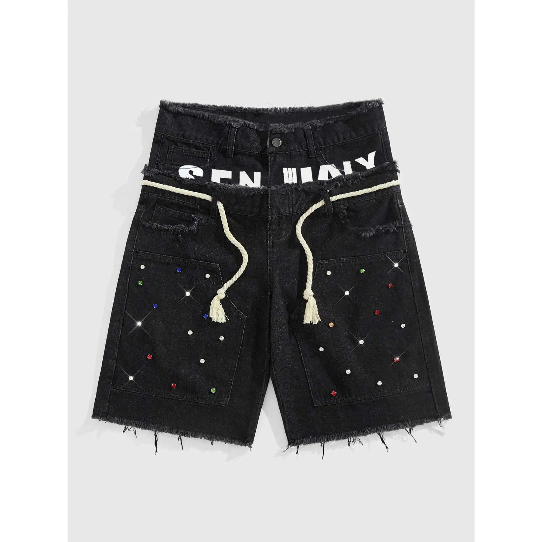 Men's High Cotton Colorful Rhinestone Embellished Denim Shorts, Frayed Hem Loose Fit Streetwear Jean Shorts, Y2K Hip Hop Casual Summer Shorts for Men