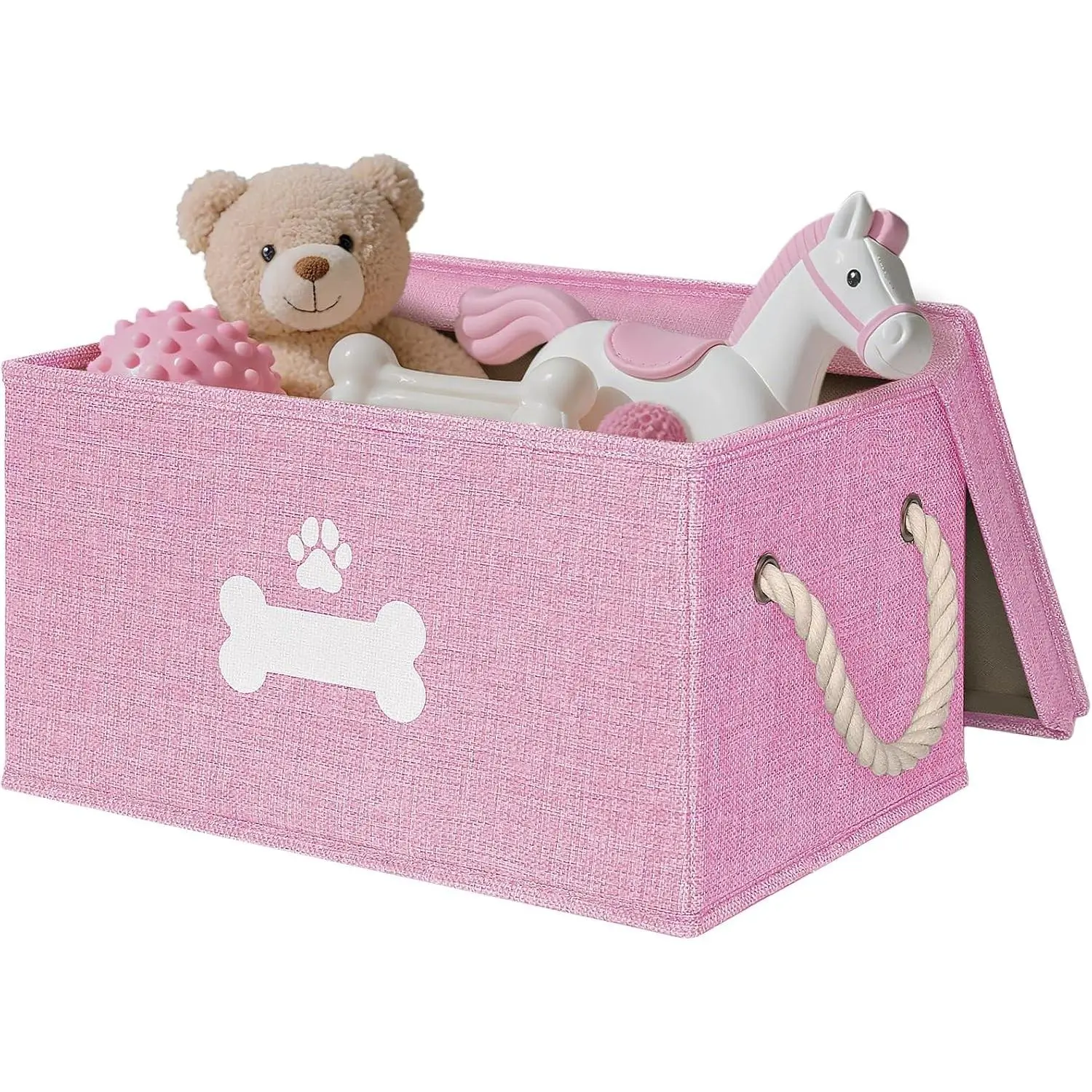 Dog Toy Basket with Lid, Dog Basket for Toys, Dogs Toy Box with Cotton Rope Handles, Collapsible Storage Bins for Pet Toys, Dogs Storage Organizer, Pink