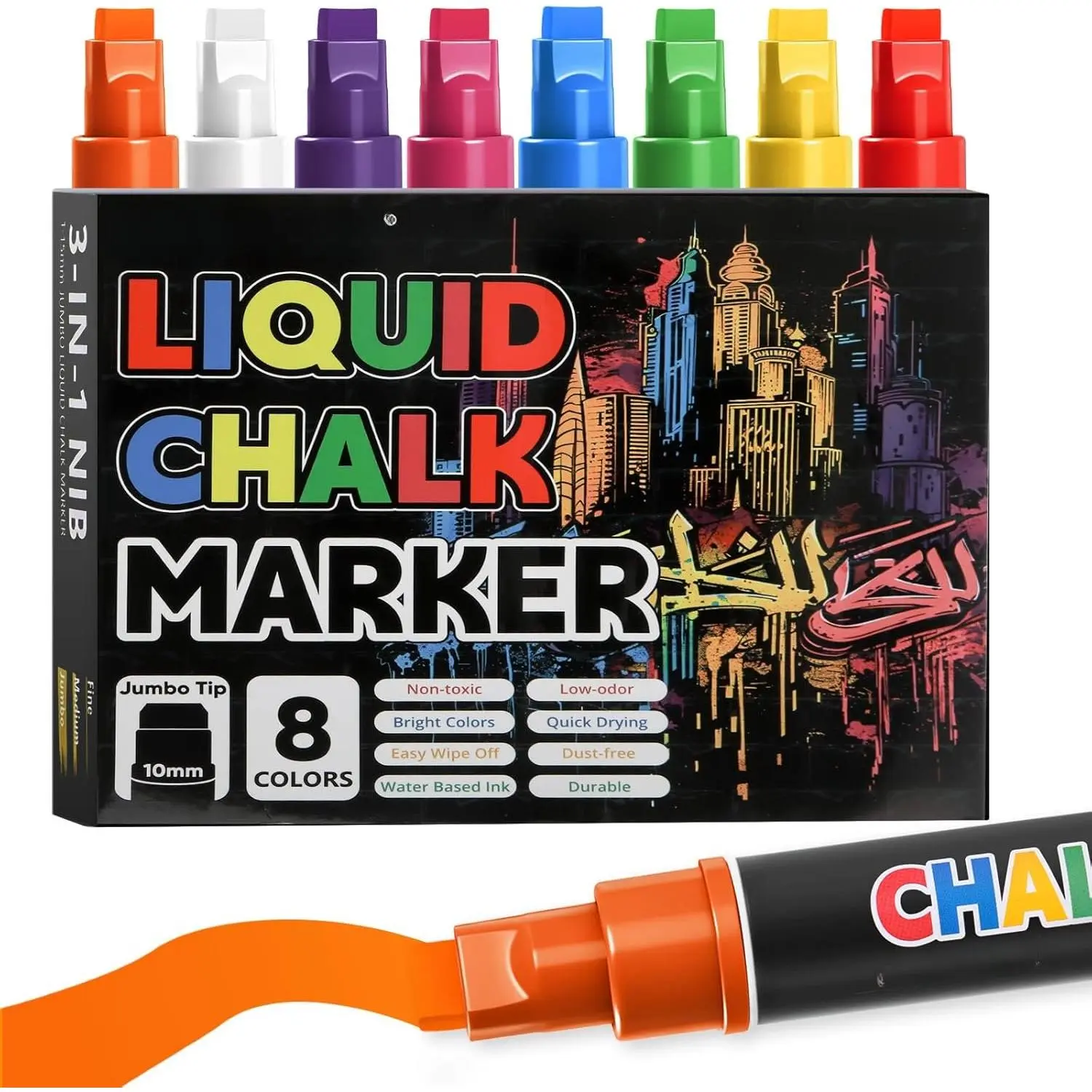 Window Chalk Markers - 8  Colors | 10mm 3-in-1 Nib Thick Wide Tips | Washable  Liquid Chalk Pens for  Windows, Bistro, Glass, Easter Signs, Poster, Blackboards