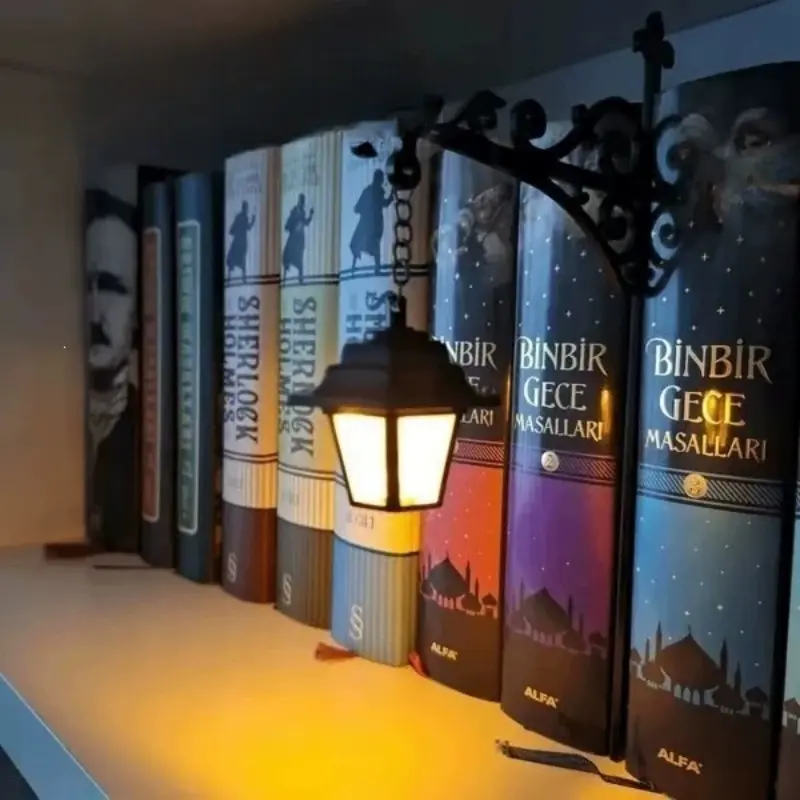 Decorative Bookshelf Lantern Light Book Nook Ornament Vintage Metal Hanging Book Shelf Lamp Mini Bookend Wall Decor Library Gothic Desk Tabletop Decoration 9.1x9.8 Inch