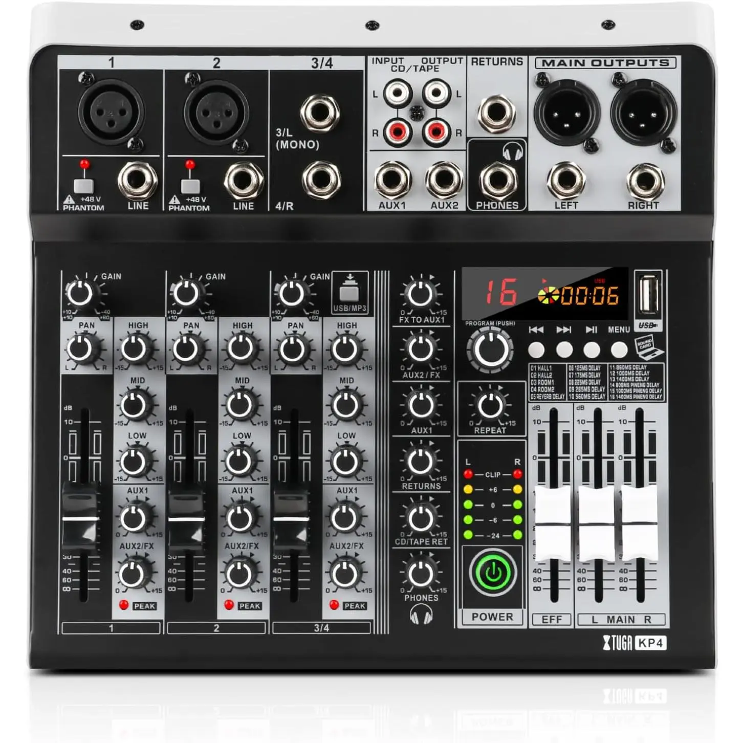 KP4 4 Channel Mixer with Bluetooth,DJ Sound Board Controller | B Interface,16-Bit DSP Effect,+48V Phantom Power,Mixer Board for Home Studio Recording,Live Streaming,Party,Church