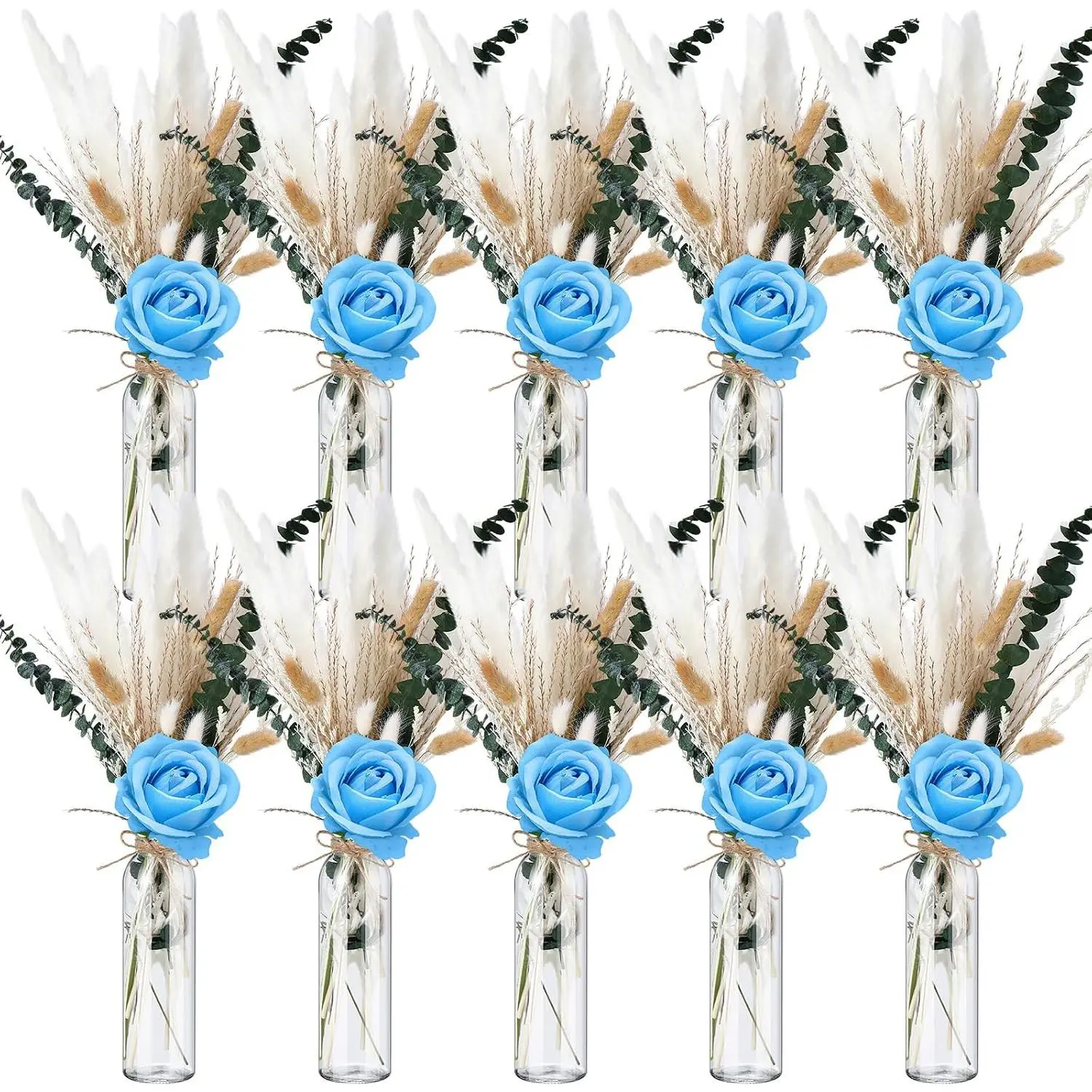 10 Set Dried Pampas Grass Centerpiece for Wedding  Shower Party 10 Glass Flower Jars 10 Artificial Roses 80 Dried Pampas Grass with Rope for Rustic Bridal  Decoration (Blue)