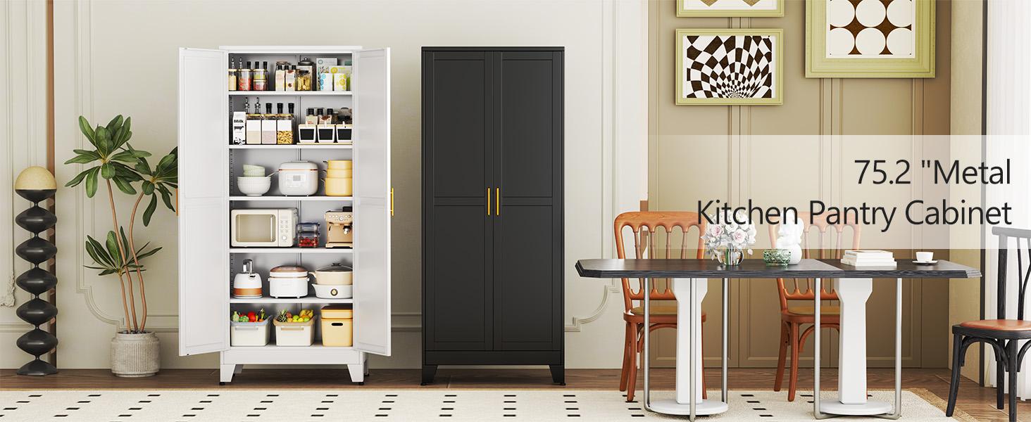 Metal Pantry Cabinet with 2 Doors and Adjustable Shelves - 71" Kitchen Storage Cabinet with Gold Handles - Versatile Storage for Kitchen, Bathroom, Dining Room, Utility Room - White Metal Pantry Cabinet with 2 Doors and Adjustable Shelves - 71" Kitchen Storage Cabinet with Gold Handles - Versatile Storage for Kitchen, Bathroom, Dining Room, Utility Room - White