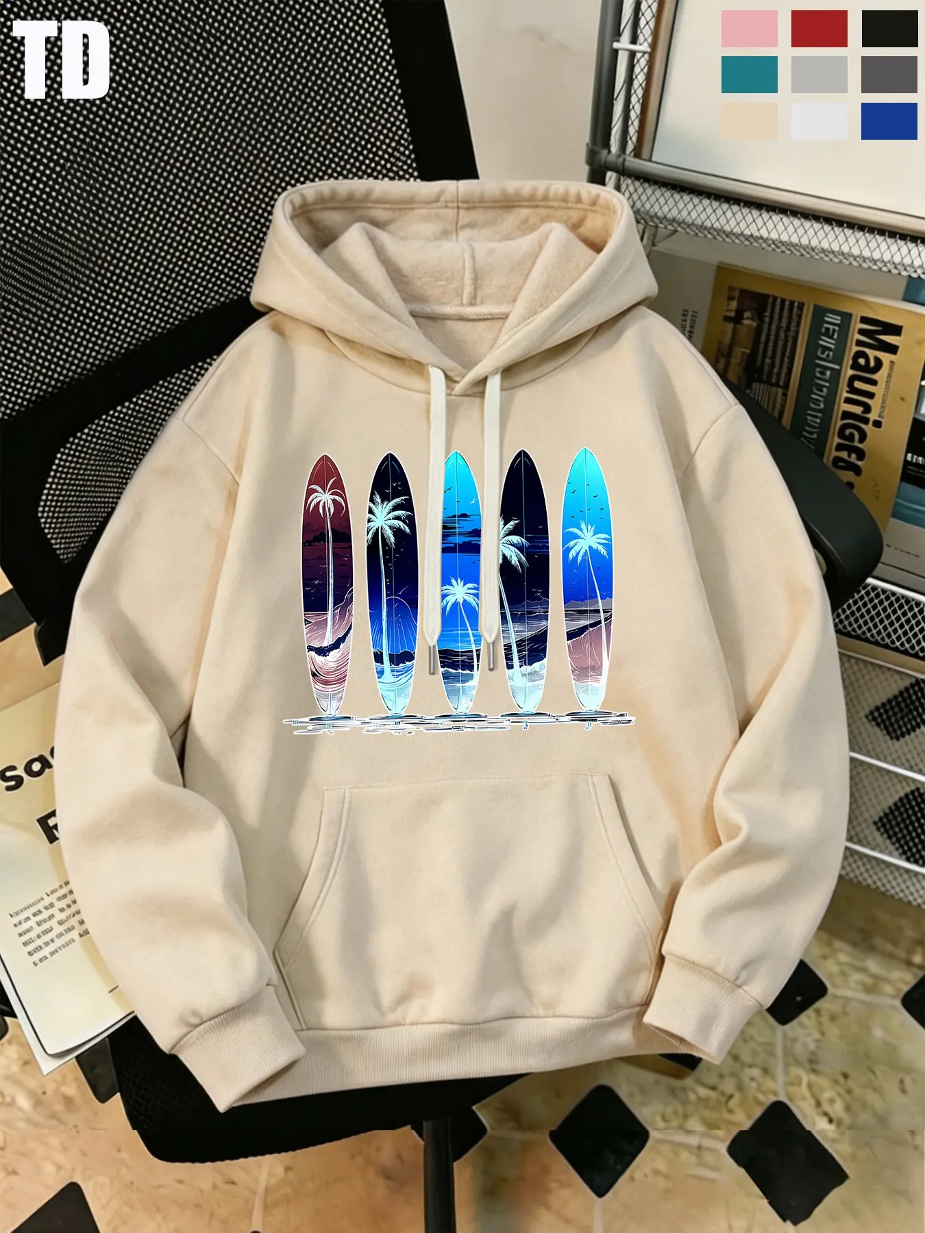 Td Vintage Surf Fleece Hoodie, Tropical Surfboard Front Print, Unisex Pullover Sweatshirt, 9 Colors, Summer Casual