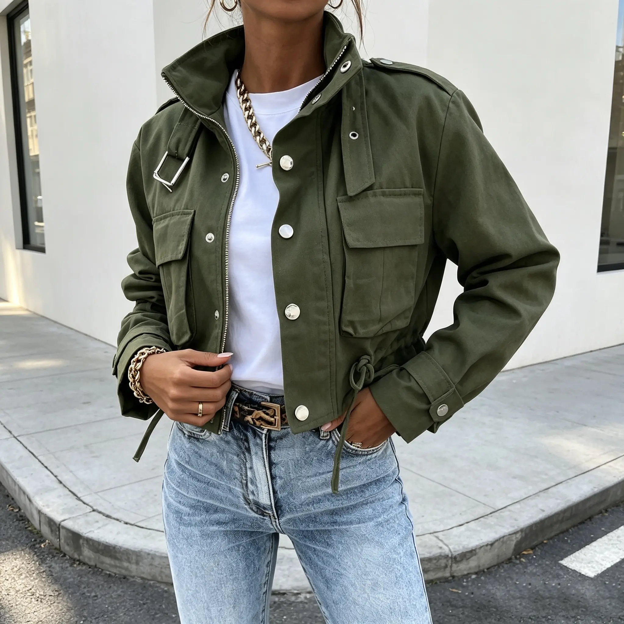Women's Short Cropped Utility Jacket - Stand Collar, Zip & Button Closure, Drawstring Waist, Cargo Pockets, Long Sleeves, Military Style Casual Outer Coat for Tops (High Neck/Turtleneck Compatible)