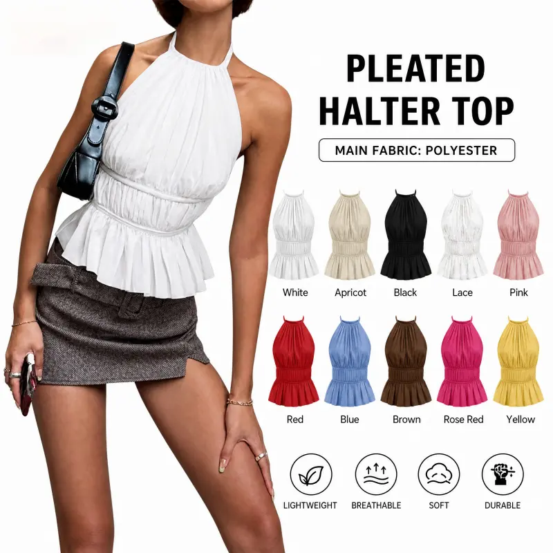 Women's Sleeveless Basic Fitted Chiffon Crop Top - Solid Color Round Neck, Ruched Backless Tie-Up Lace, Sexy Look for Women's Tanks & Camis Collection