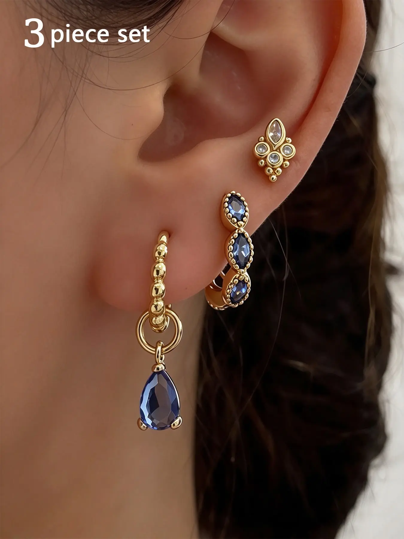 3 Pcs Single Side Stackable Earrings Set, Vintage Court Style Blue Cubic Zirconia, Women's Daily Commute Party Accessory