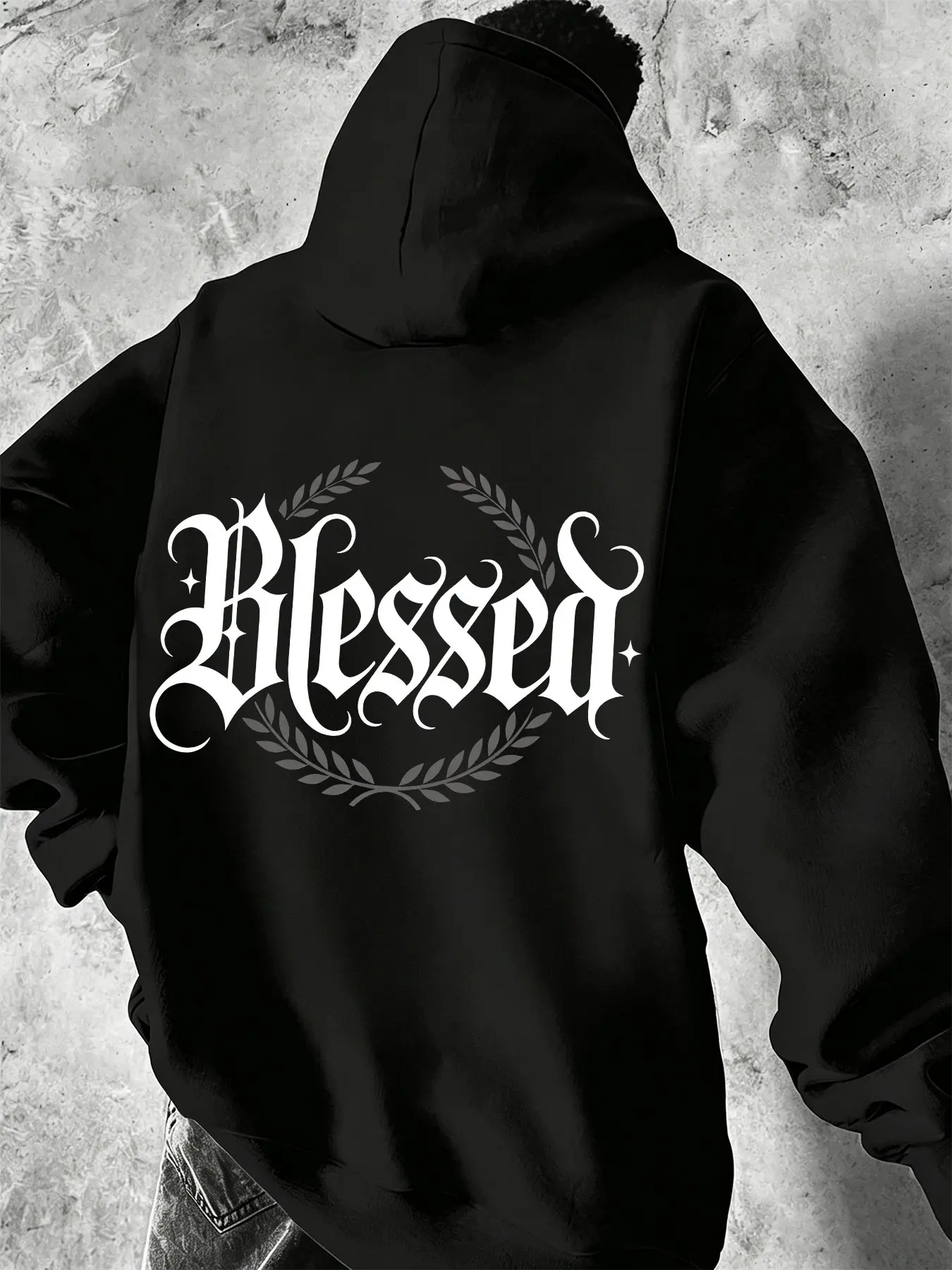 Mcd Oversized Fleece Pullover Hoodie Unisex, Gothic Script Laurel Wreath Print, Fall Winter Casual Streetwear, Hip Hop Layered