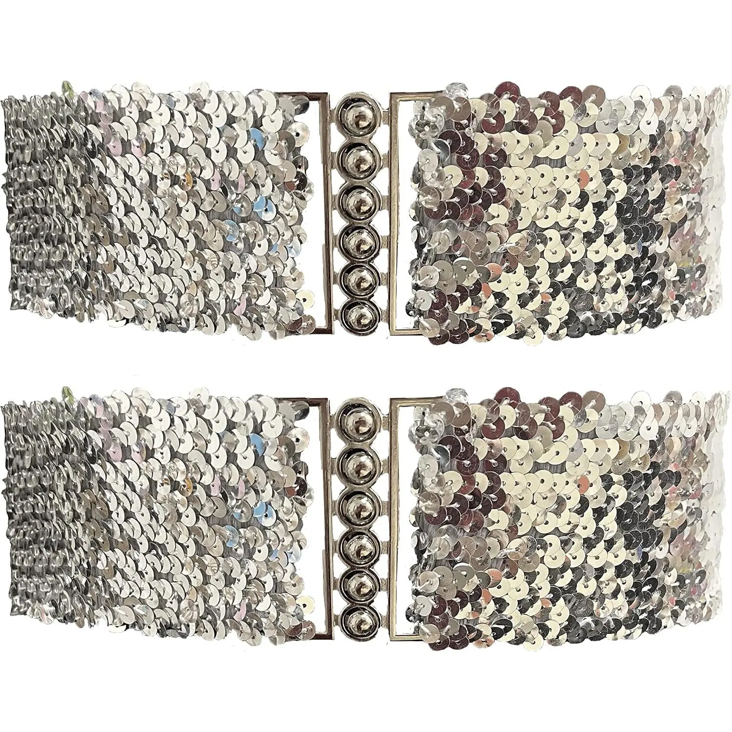 Women's Wardrobe 2 Pack Girls Sequin Sparkly Metal Interlooking Buckles Elastic Waist Belt, Glitter Stretchy Belt for Women