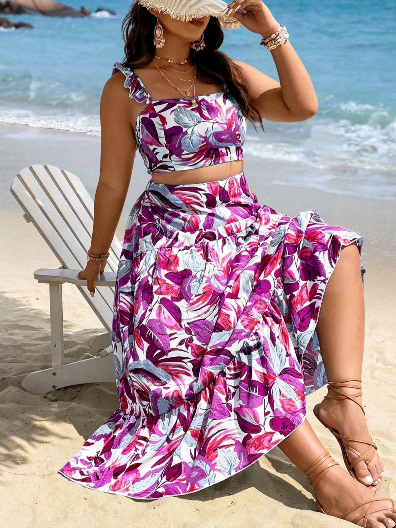 【Plus Size】 Leaf Print Crop Top & Skirt Set, Boho Bohemian Fashion Casual Two-piece Set for Beach Vacation Holiday, Women's Clothing for All Seasons