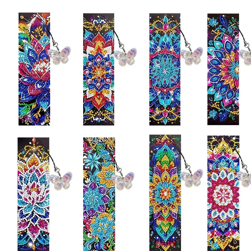 8-piece set of diamond painting art bookmarks - Colorful lotus patterns, 5D irregular diamond painting bookmarks and pendants, DIY handmade home and office supplies reading bookmarks