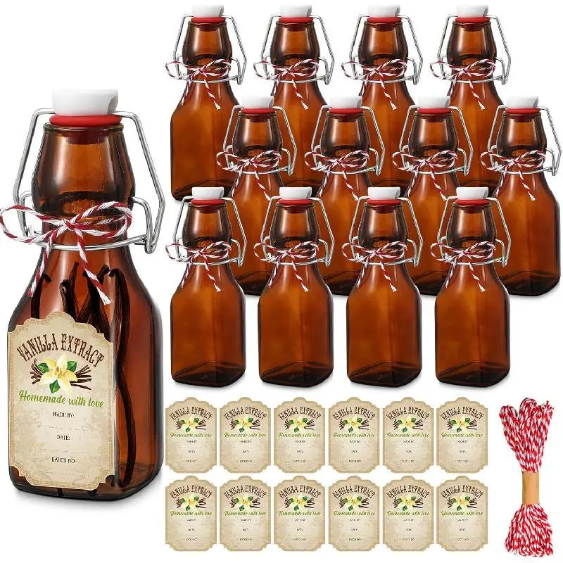 ZY 12-Pack 4oz Amber Swing-Top Brown Square Glass Bottles with Caps, Cotton Twines & Labels - Household Gift for Vanilla Extract, Oil Brewing Supplies