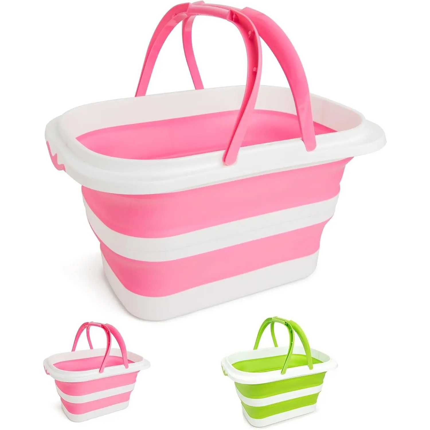 Large Collapsible Cleaning Bucket, 4.2 Gallon (16L) Silicone Foldable Mop Bucket with Handle & Hanging Hole, Space Saving for Home Storage, Car Wash, Camping, Beach (Pink White)