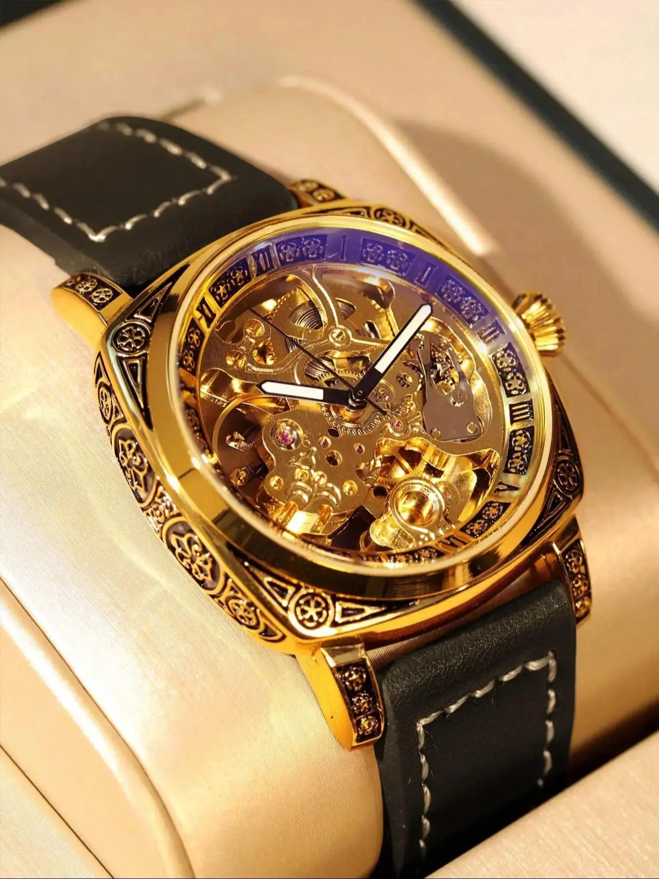 Men's Vintage Business Hollow Out Dial Mechanical Wrist Watch, Analog Wristwatches, Fashion Watch for Party, Daily Clothing Decor, Trendy All-match & Exquisite Watch for Gift with Box, Fashionable Wristwatch