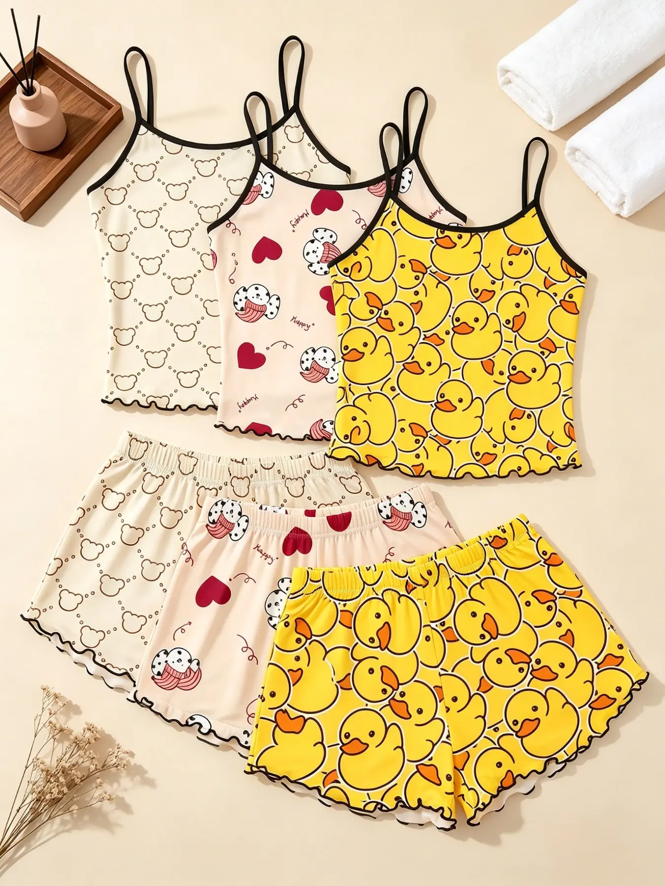 6 Piece Set | 1 Order Get 6 Pcs Women's Pajamas Set 2026 Summer Trendy Highland Cow Floral Bows Striped Lettuce Trim Cami Shorts Milk Silk Lightweight Soft Comfy Loose Fit Casual Sleepwear Loungewear Daily Wear for Women