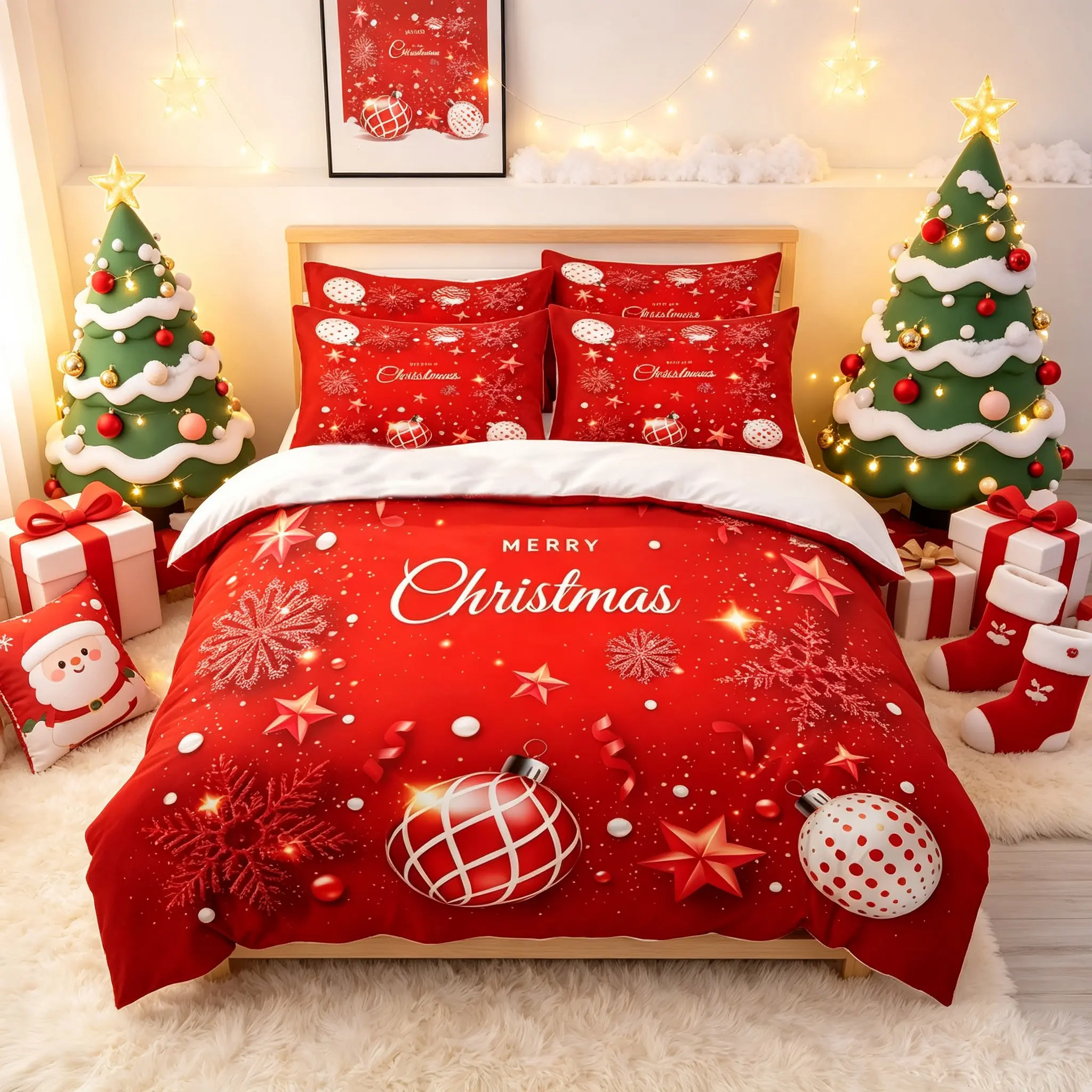 3-Piece Christmas Duvet Cover Set, Festive Snowflake and Merry Christmas Design, Soft Fabric, No Padding, Ideal for Bedroom, Hotel, Dormitory