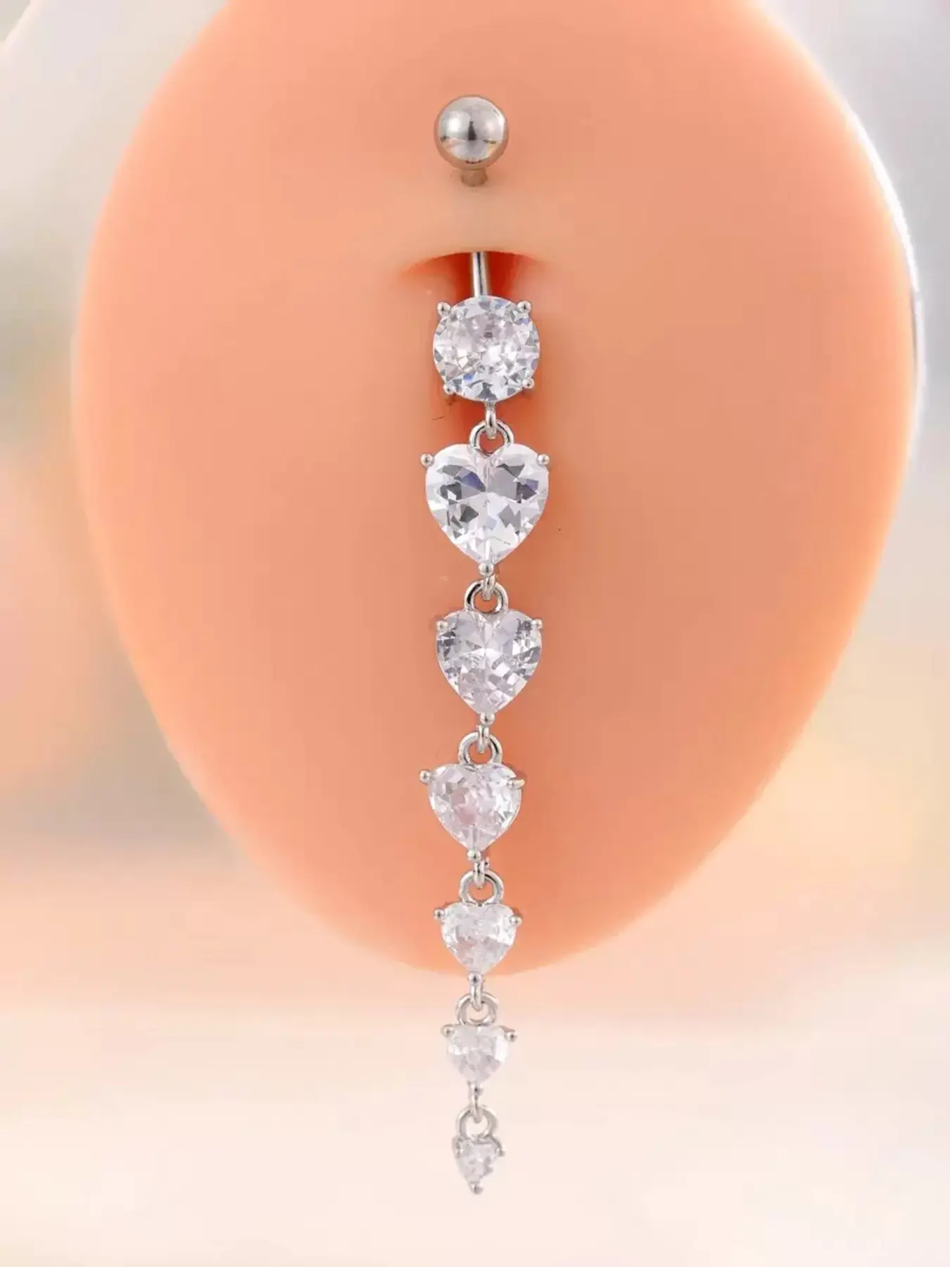 1pc Long Heart Dangle Belly Button Ring 6pcs AAA Cubic Zirconia Inlay Belly Ring Stainless Steel Navel Piercing Body Jewelry For Women Body Jewellery