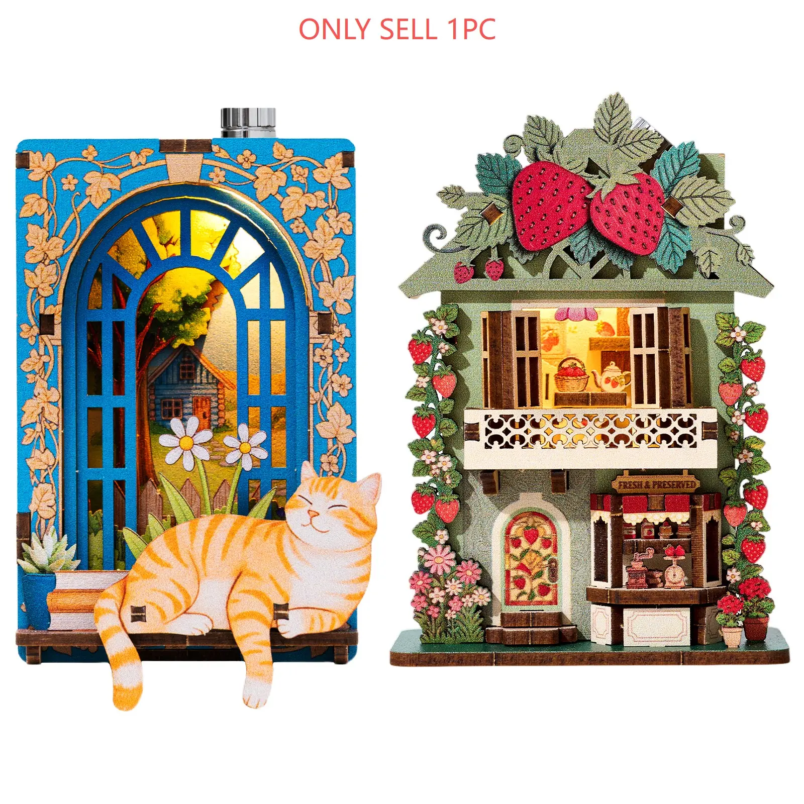 Fridge Magnet DIY 3D Puzzle Toy, Wooden Mini House Animal Dollhouse Shop, Creative Assembly Model Kit, Furniture Decoration Gift