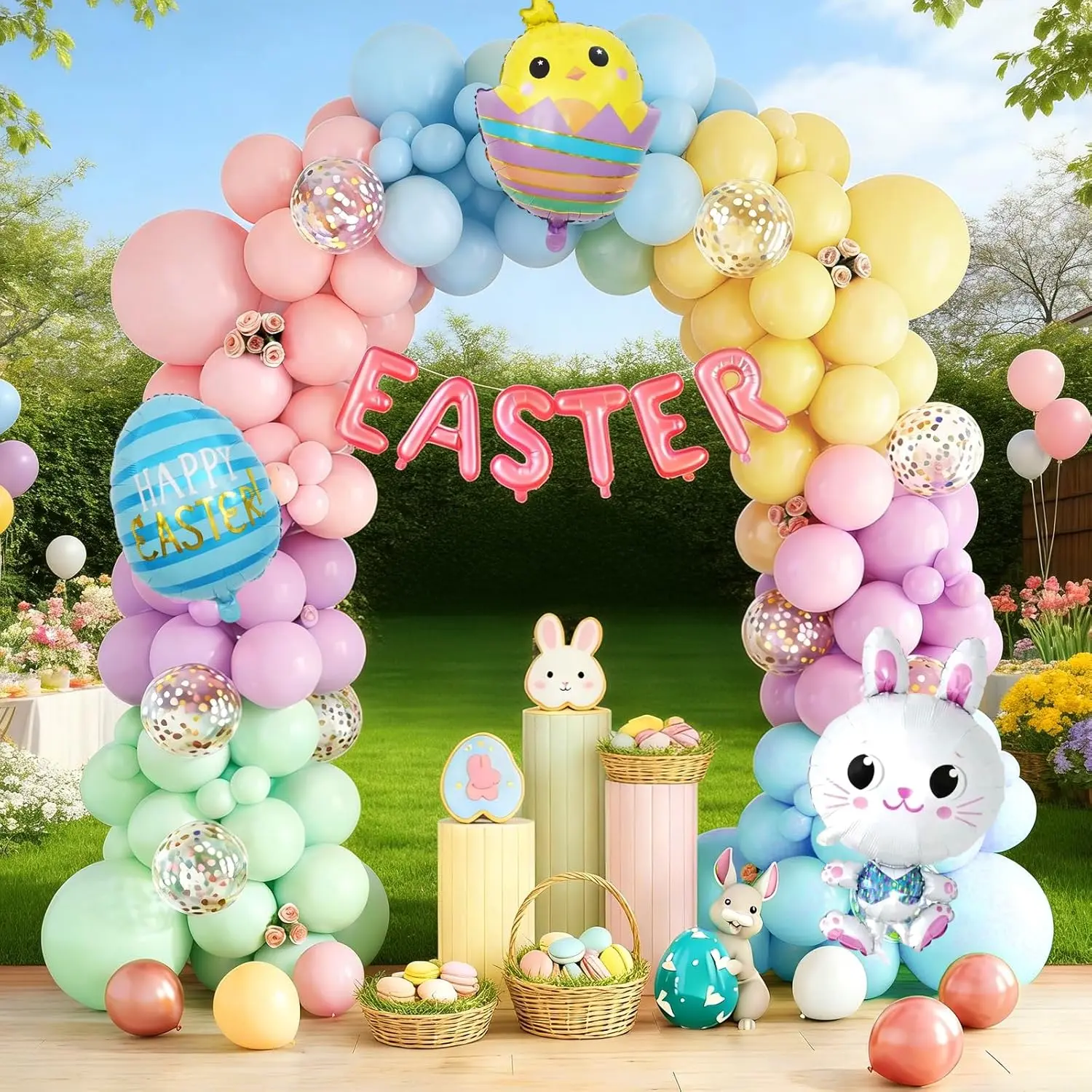 143PCS Easter Balloon Arch Kit - Pastel Balloons Garland with Bunny Egg Happy Easter Foil Balloon for Baby Shower Easter Spring Birthday Party Decorations