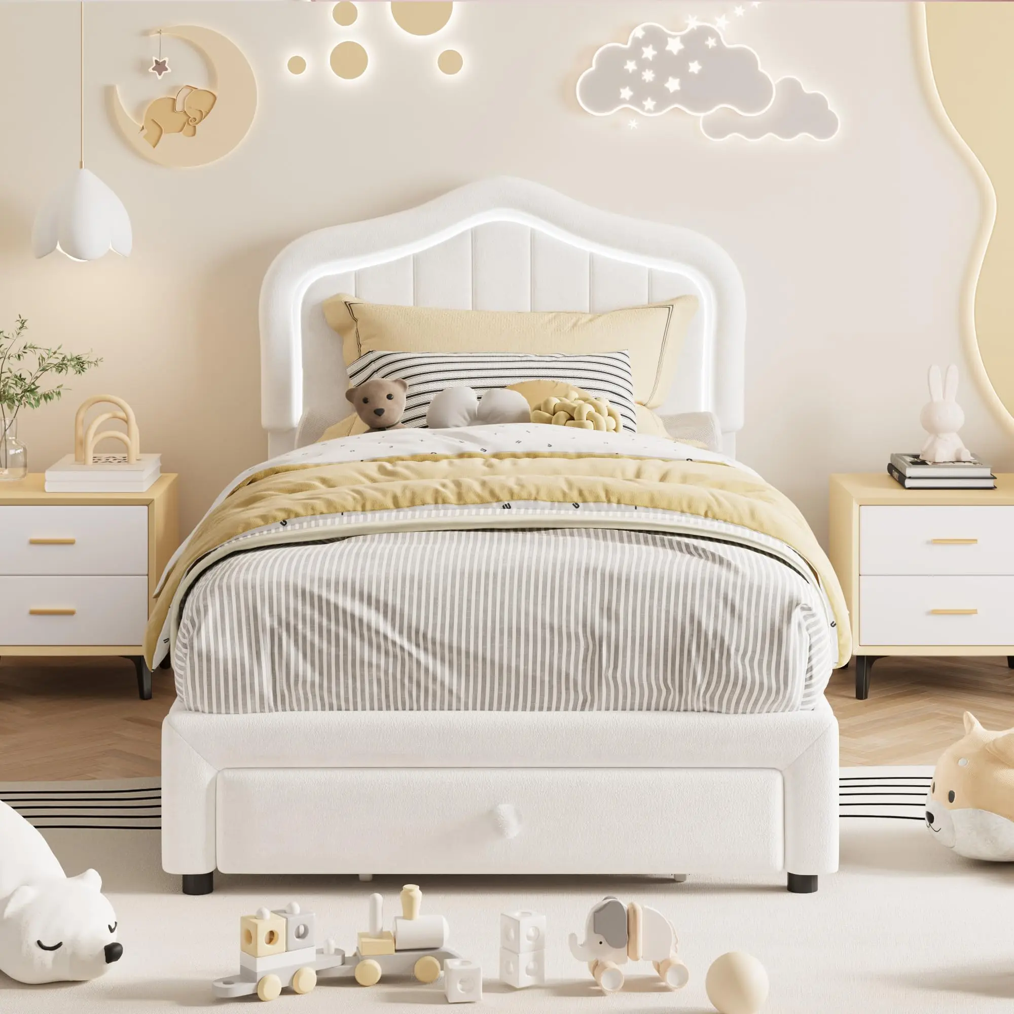 GARVEE Modern Upholstered Twin Storage Bed Frame with Drawer, Smart LED Headboard, Engineered Wood Slats Support, No Box Spring Needed, Easy Setup, White, Bed Frame Storage Solutions, Modern Bed Frame