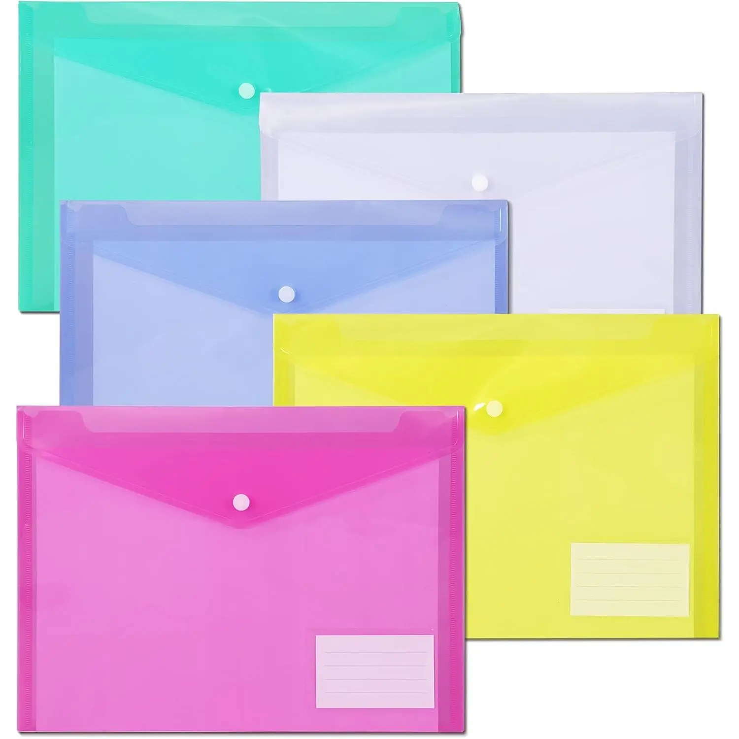 10 Pack Plastic File Folders with Pockets, Colorful Hook & Loop Closure Envelopes, Clear Poly Document Folders Letter/A4 Size, Waterproof Tear-Proof Organizers Teacher Supplies, Office & School