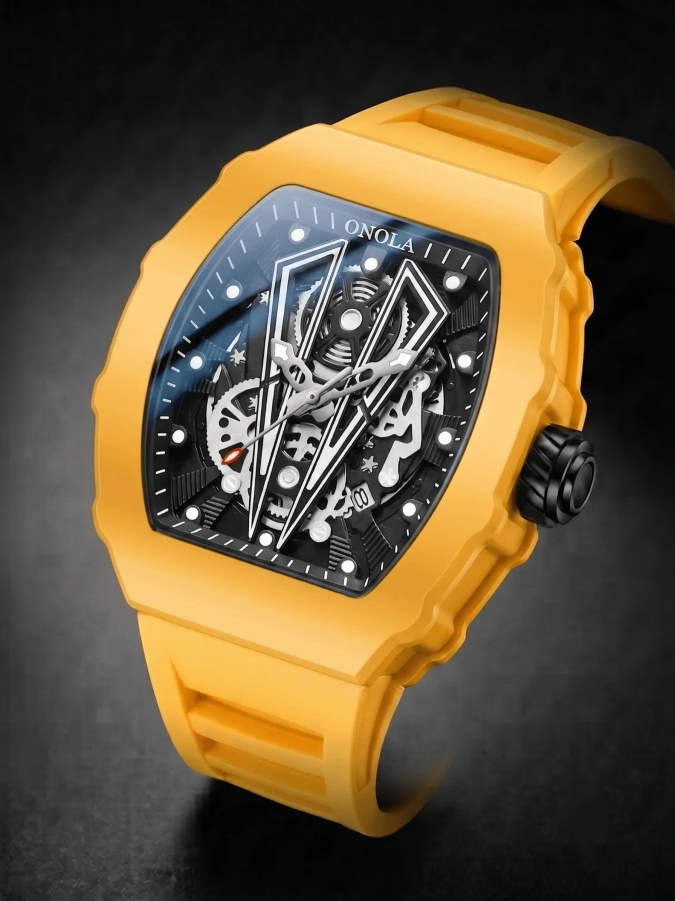 ONOLA Men's Quartz Watch, Fashionable Waterproof Wristwatch, Fashion Business Wristwatch, Tonneau Skeleton Hollow Gear Dial Watch, Integrated Silicone Case, Soft Silicone Strap, Daily Outdoor Party Birthday Gift