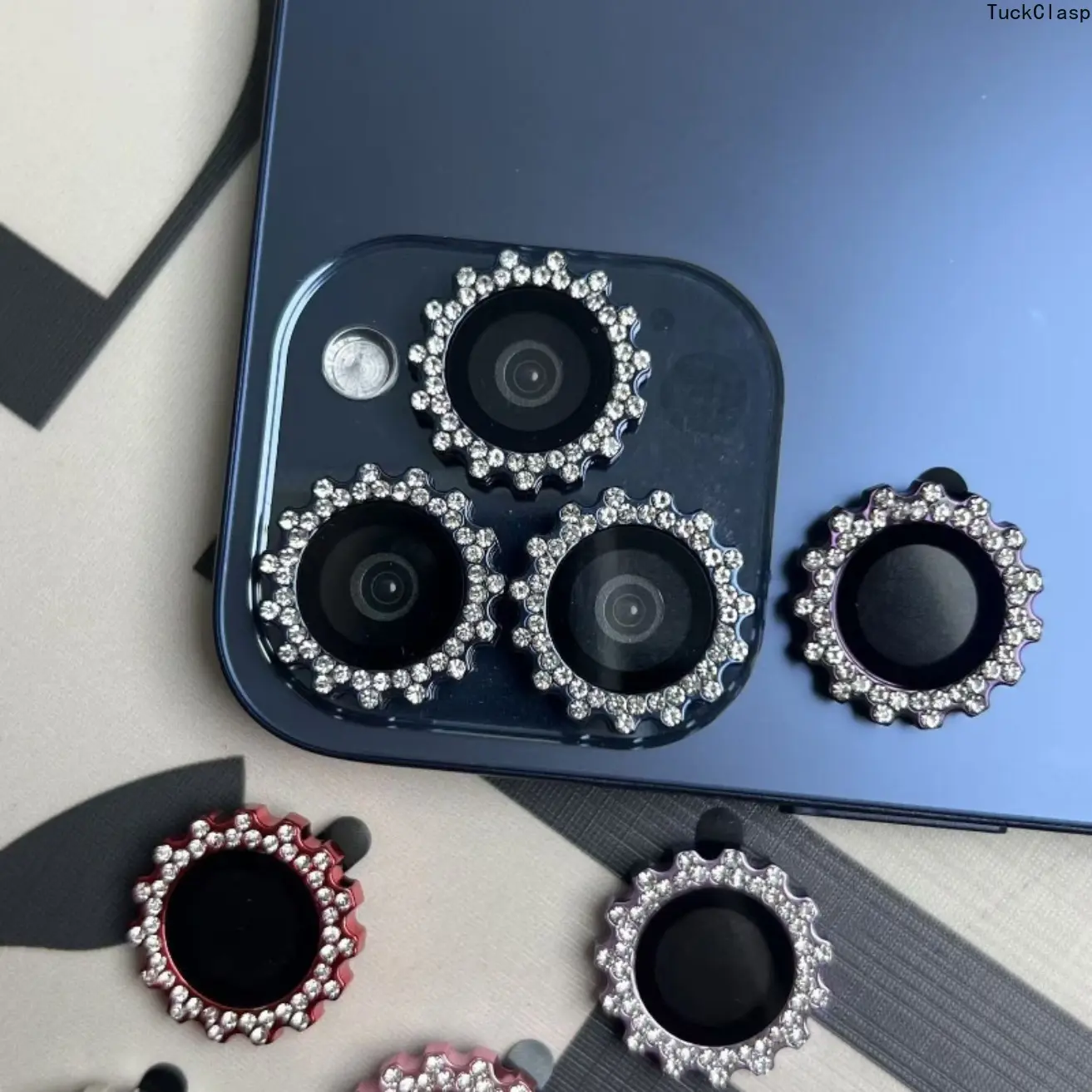 1 Set Silver Diamond-Embedded Gear Camera Lens Protector, Tempered Glass Set Including Sparkling Rhinestone Single Lens and Gear-Shaped Camera Lens Covers, Compatible with iPhone 11–17 Series and Other Models
